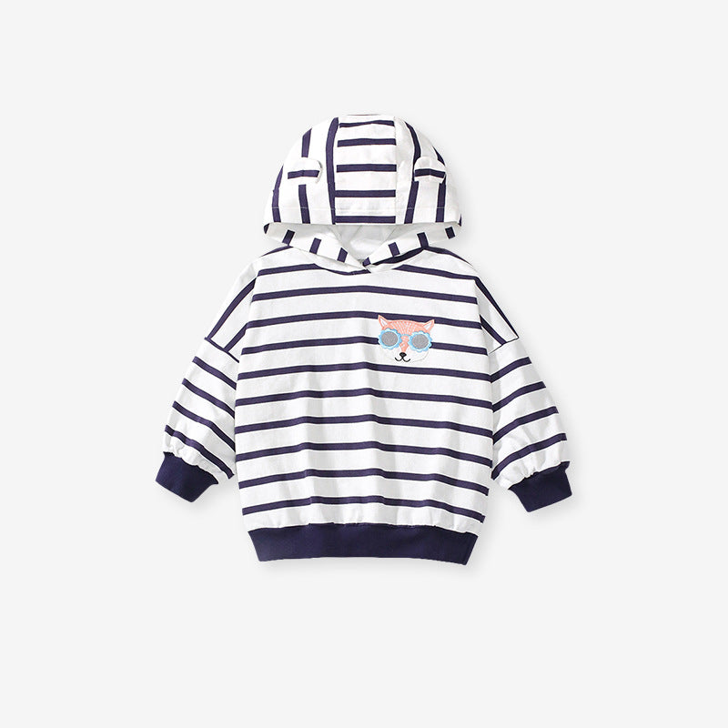 High Quality Spring and Autumn Girls Long Sleeves Top featuring a cute fox logo and striped pattern in black.