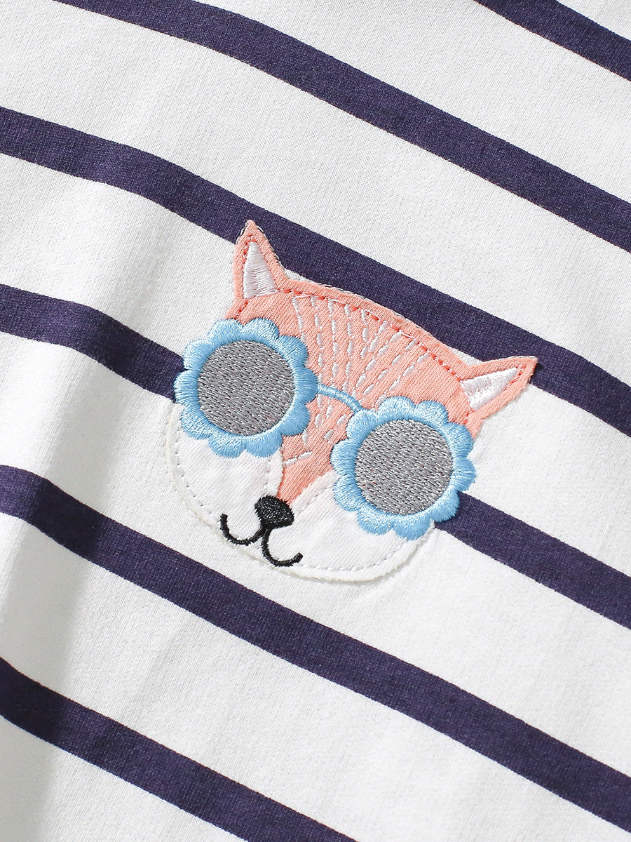 High Quality Spring and Autumn Girls Long Sleeves Top featuring a cute fox logo and striped pattern in black.