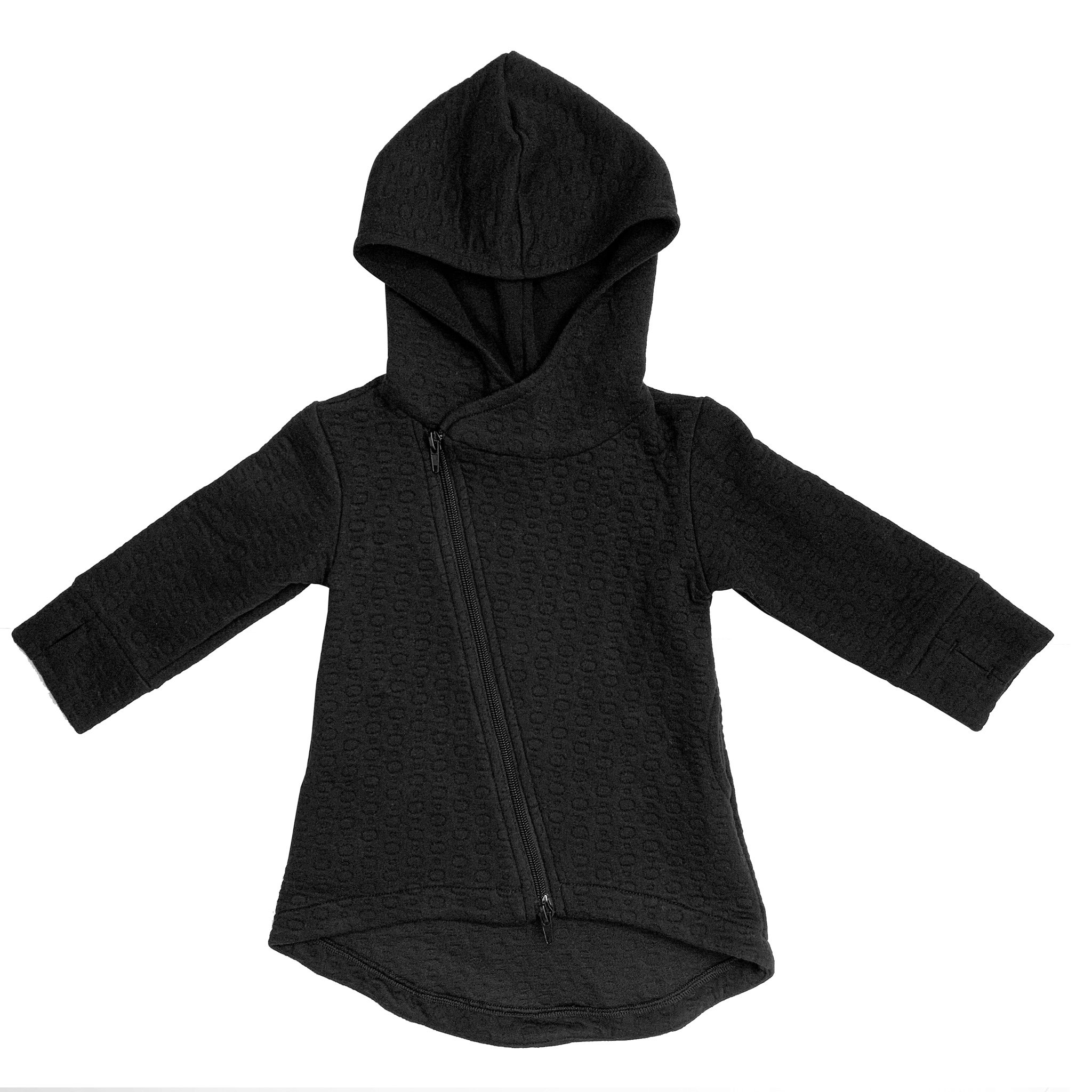 Hi-Lo Quilted Hoodie featuring a playful design with a monster peek-a-boo pocket and circle quilted pattern.