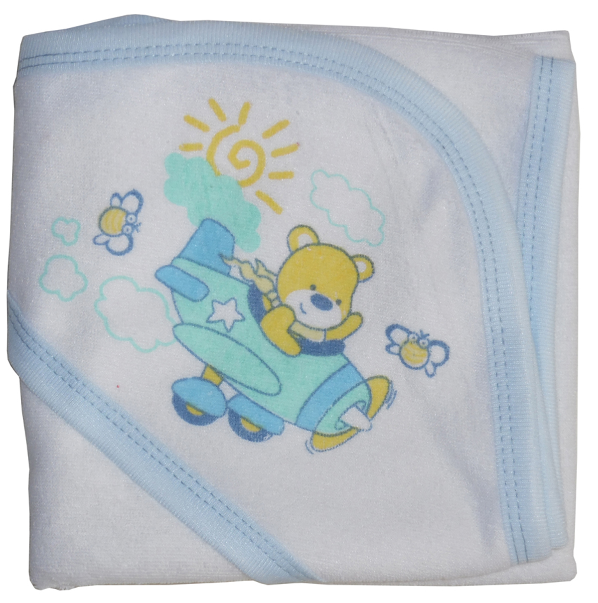 Hooded towel for infants featuring blue binding and playful screen prints, perfect for bath time and keeping babies warm.