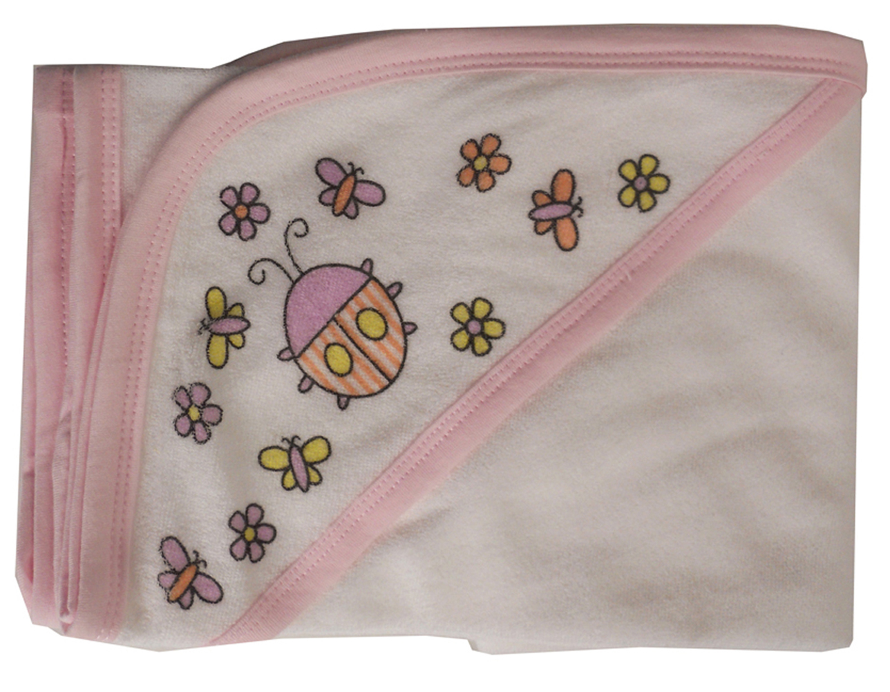 Hooded infant bath towel with pink binding and playful screen prints, perfect for keeping babies warm after bath time.