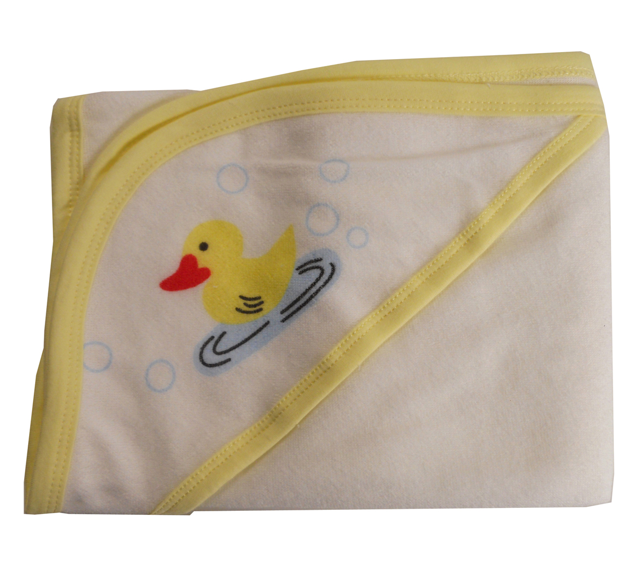 Bambini White Hooded Infant Bath Towel with yellow binding and playful screen prints, perfect for keeping babies warm after bath time.