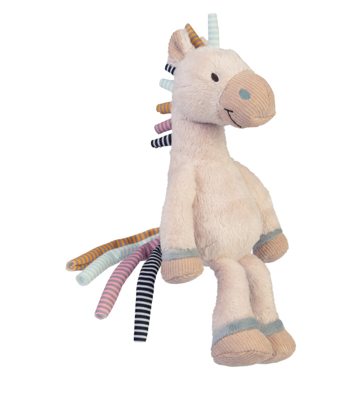 A cheerful plush horse named Horse Bright with a striped mane and tail, perfect for cuddling and play.