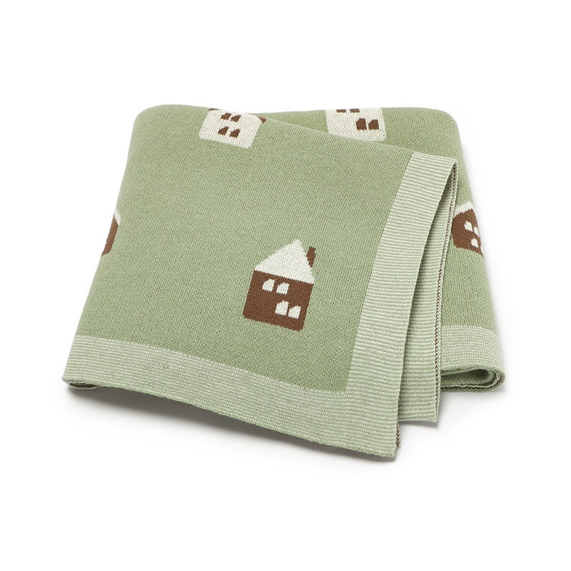 A soft knitted cute little house in vibrant colors, showcasing its cartoon pattern and cotton material, perfect for kids and adults.