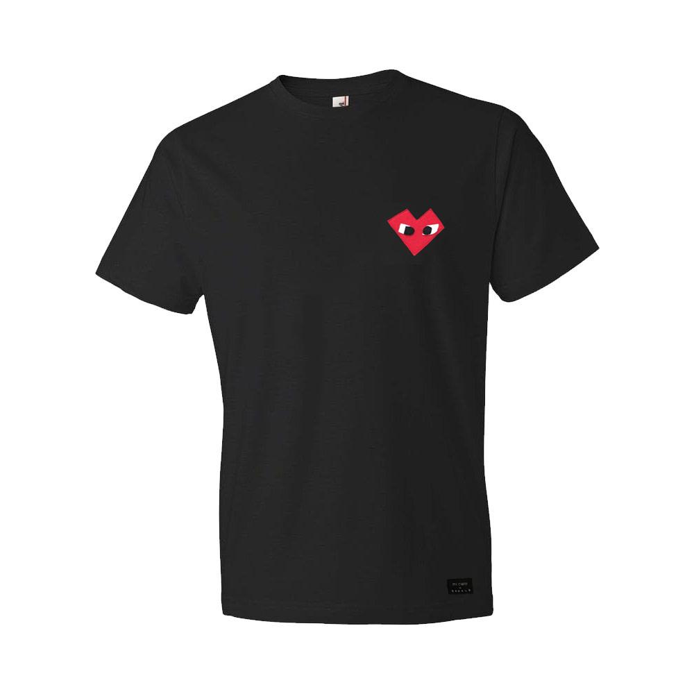 I Heart Men's Black Shirt featuring unique felt appliqué design by Donald Robertson, showcasing handmade craftsmanship and artistic flair.