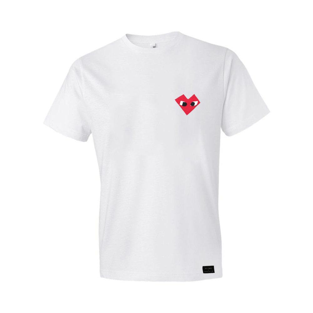 I Heart Men's White Shirt featuring unique felt appliqué designs by Donald Robertson, handmade and hand-stitched with love.