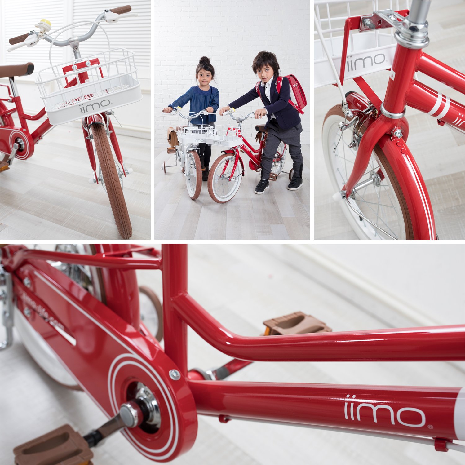 iimo Kid's Bicycle in Eternity Red with detachable basket and stylish bag, designed for children aged 3-6.