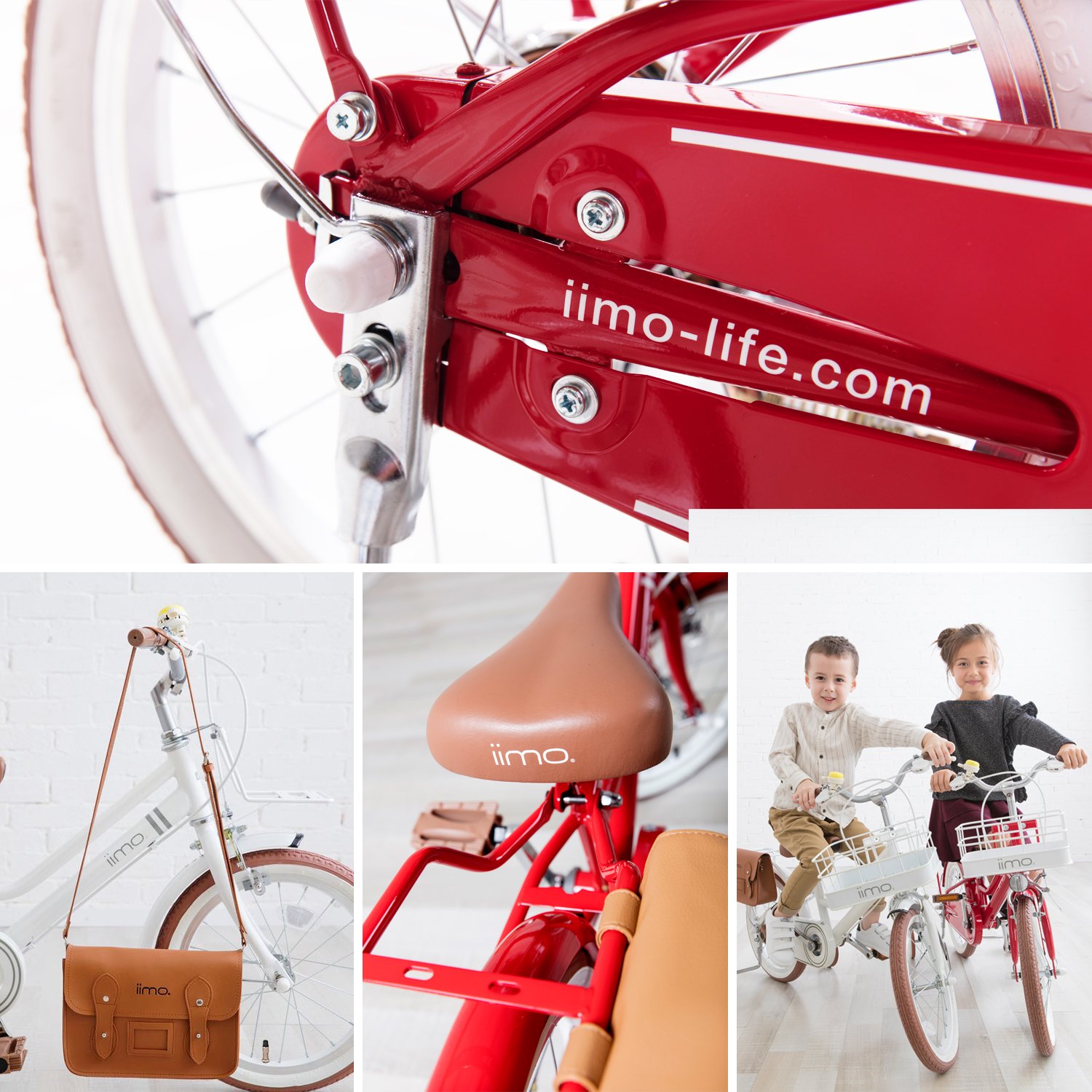 iimo Kid's Bicycle in Eternity Red with detachable basket and stylish bag, designed for children aged 3-6.