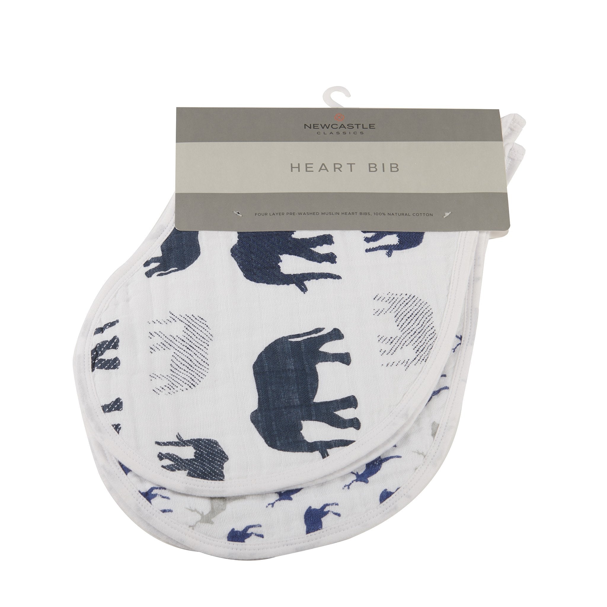 In The Wild Elephant Cotton Burp Cloth Bib 2PK featuring soft cotton muslin with an adorable elephant design and three snap closures.