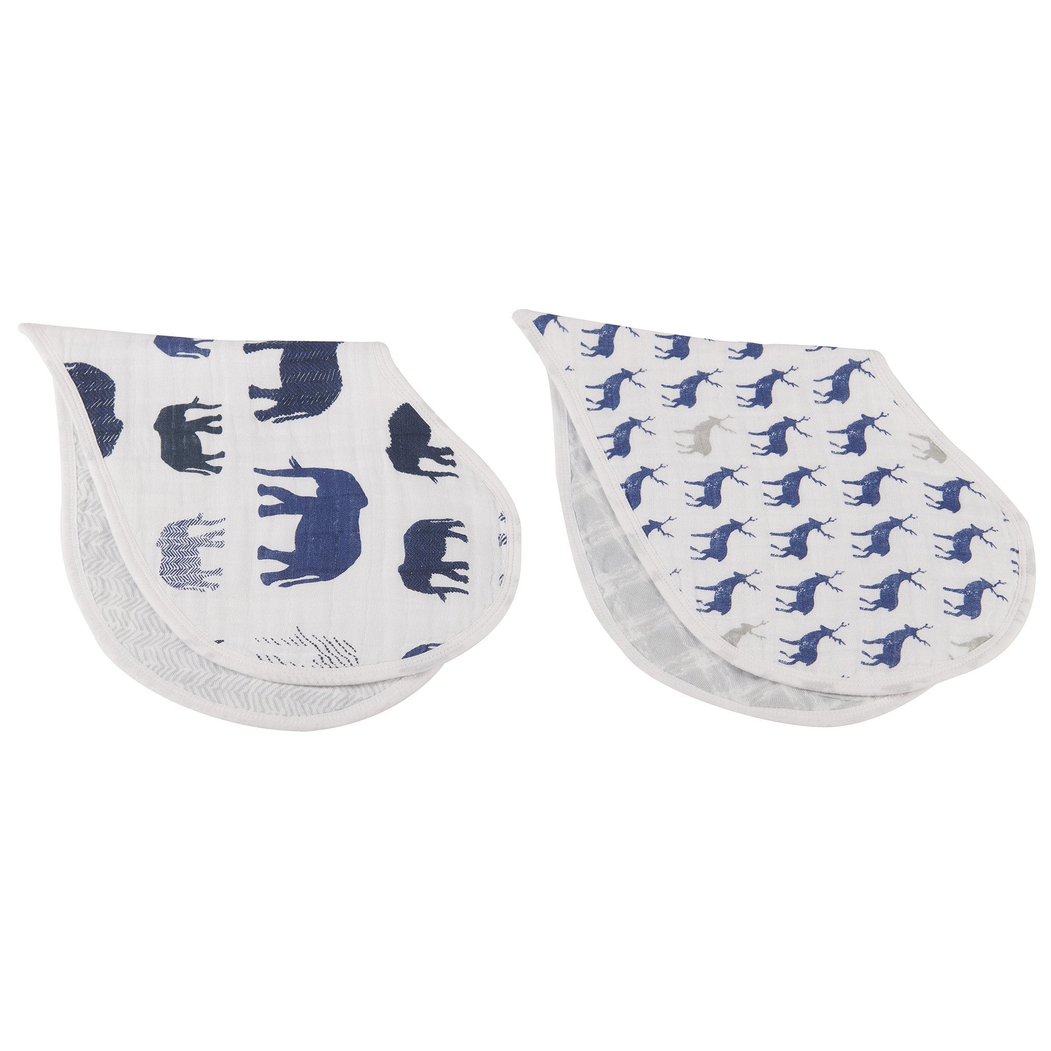 In The Wild Elephant Cotton Burp Cloth Bib 2PK featuring soft cotton muslin with an adorable elephant design and three snap closures.