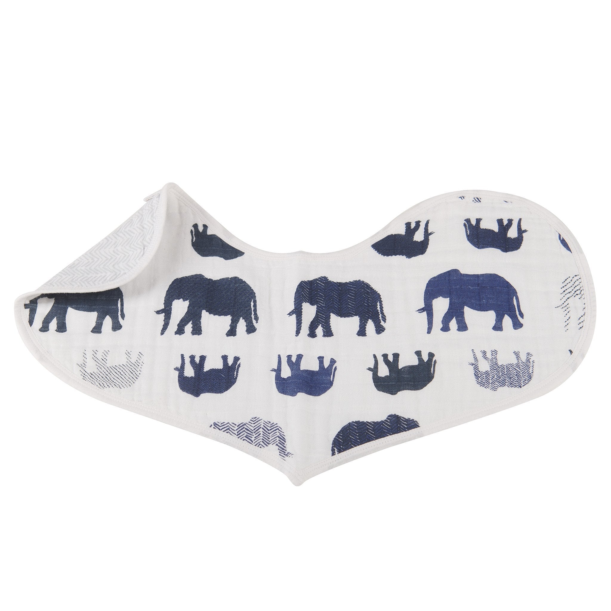 In The Wild Elephant Cotton Burp Cloth Bib 2PK featuring soft cotton muslin with an adorable elephant design and three snap closures.