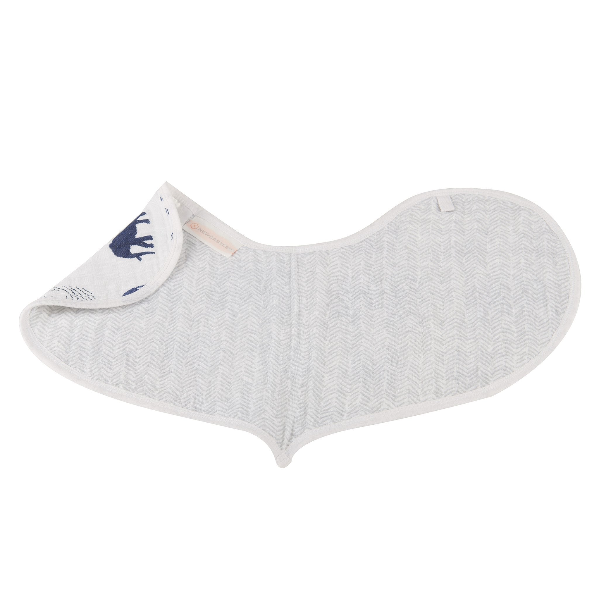 In The Wild Elephant Cotton Burp Cloth Bib 2PK featuring soft cotton muslin with an adorable elephant design and three snap closures.