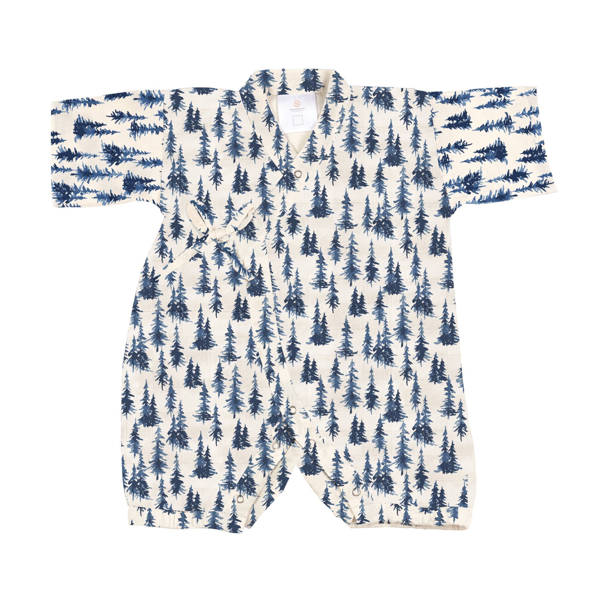 Indigo Forest Bamboo Newcastle Mini Kimono Jumpsuit made from soft bamboo muslin, featuring a stylish kimono design and snap leg openings.