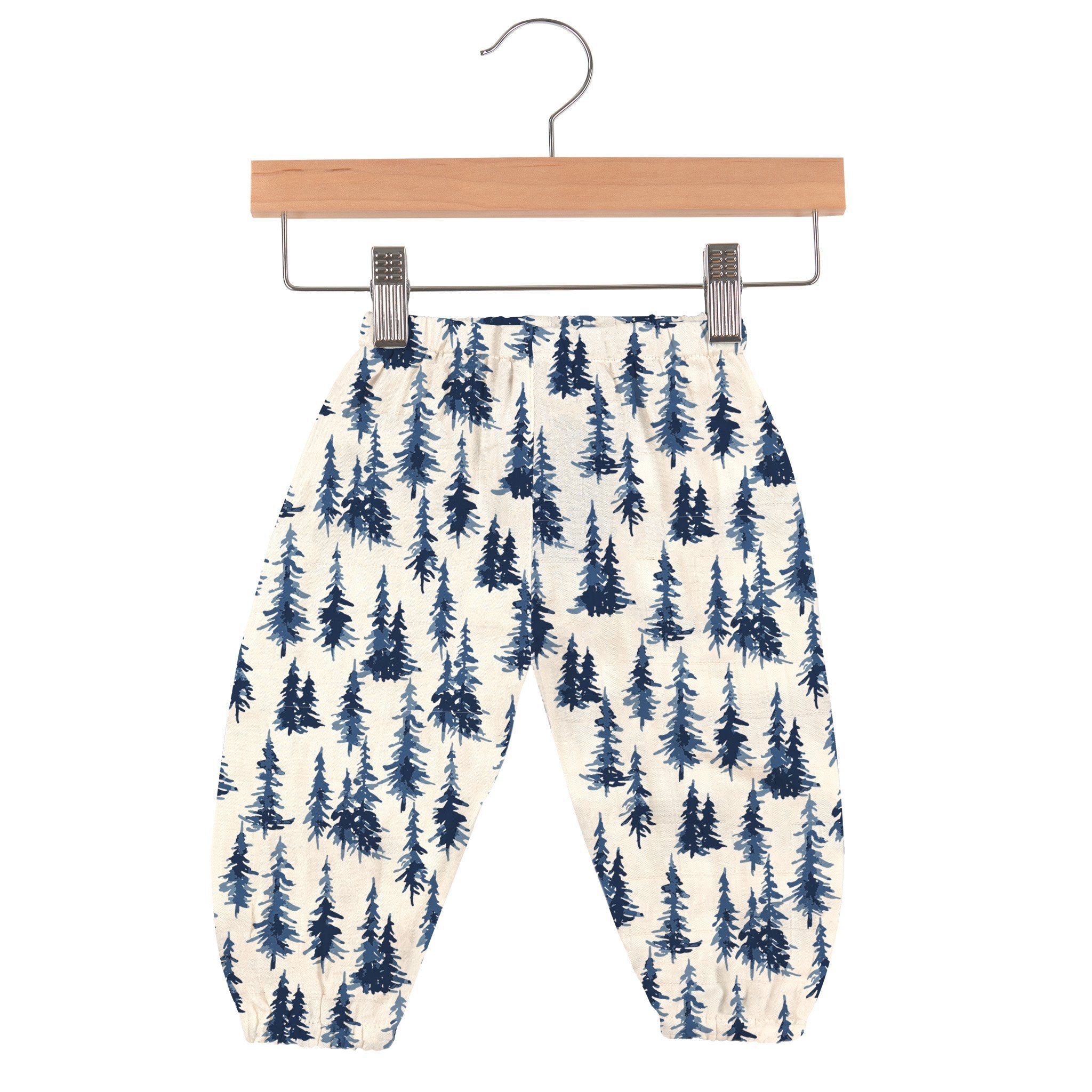 Indigo Forest Bamboo Newcastle Mini Pants made from soft bamboo muslin, featuring an elastic waist and lightweight design for baby comfort.