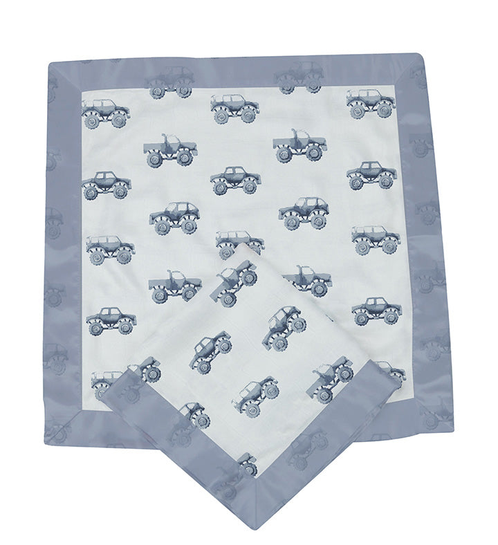 Indigo Monster Trucks Cotton Newcastle Blankie featuring vibrant truck designs on soft cotton muslin fabric, perfect for children.