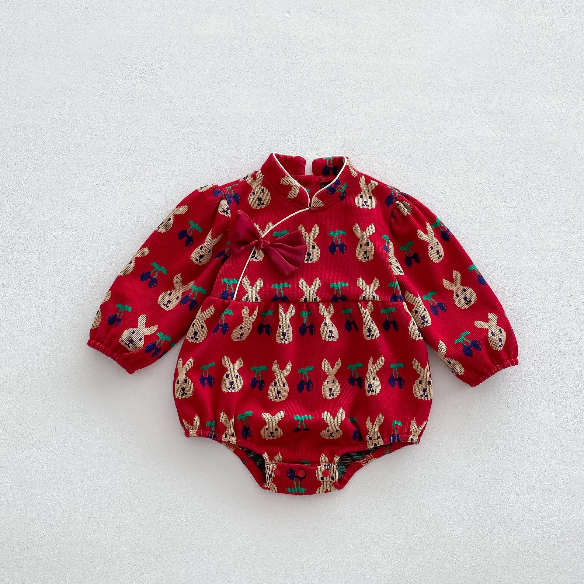 Infant baby girls long sleeve one piece in red with rabbit and cherry pattern, made of soft cotton, perfect for spring and autumn.