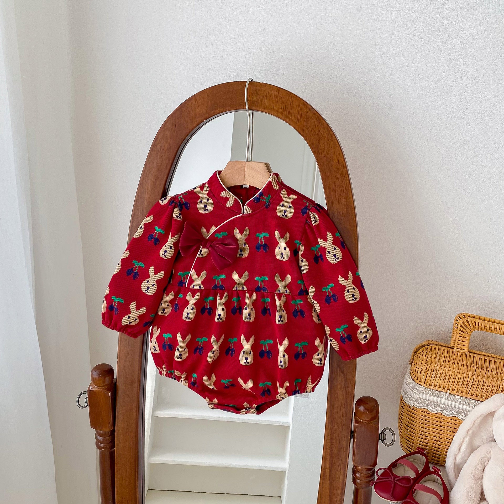 Infant baby girls long sleeve one piece in red with rabbit and cherry pattern, made of soft cotton, perfect for spring and autumn.