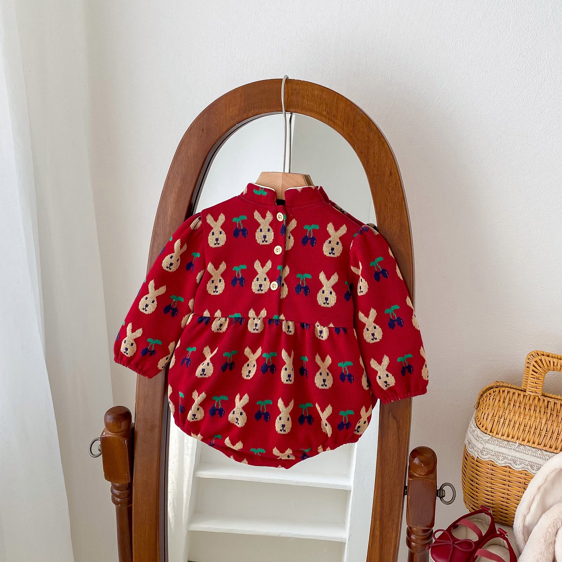 Infant baby girls long sleeve one piece in red with rabbit and cherry pattern, made of soft cotton, perfect for spring and autumn.