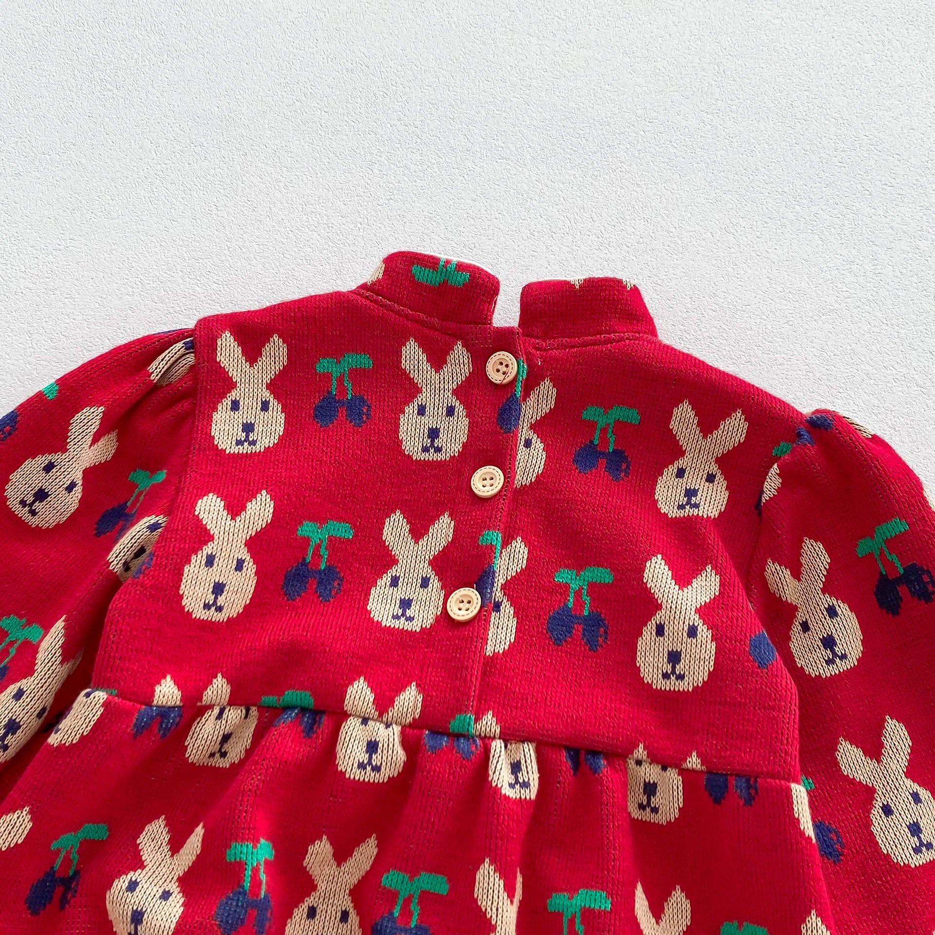 Infant baby girls long sleeve one piece in red with rabbit and cherry pattern, made of soft cotton, perfect for spring and autumn.