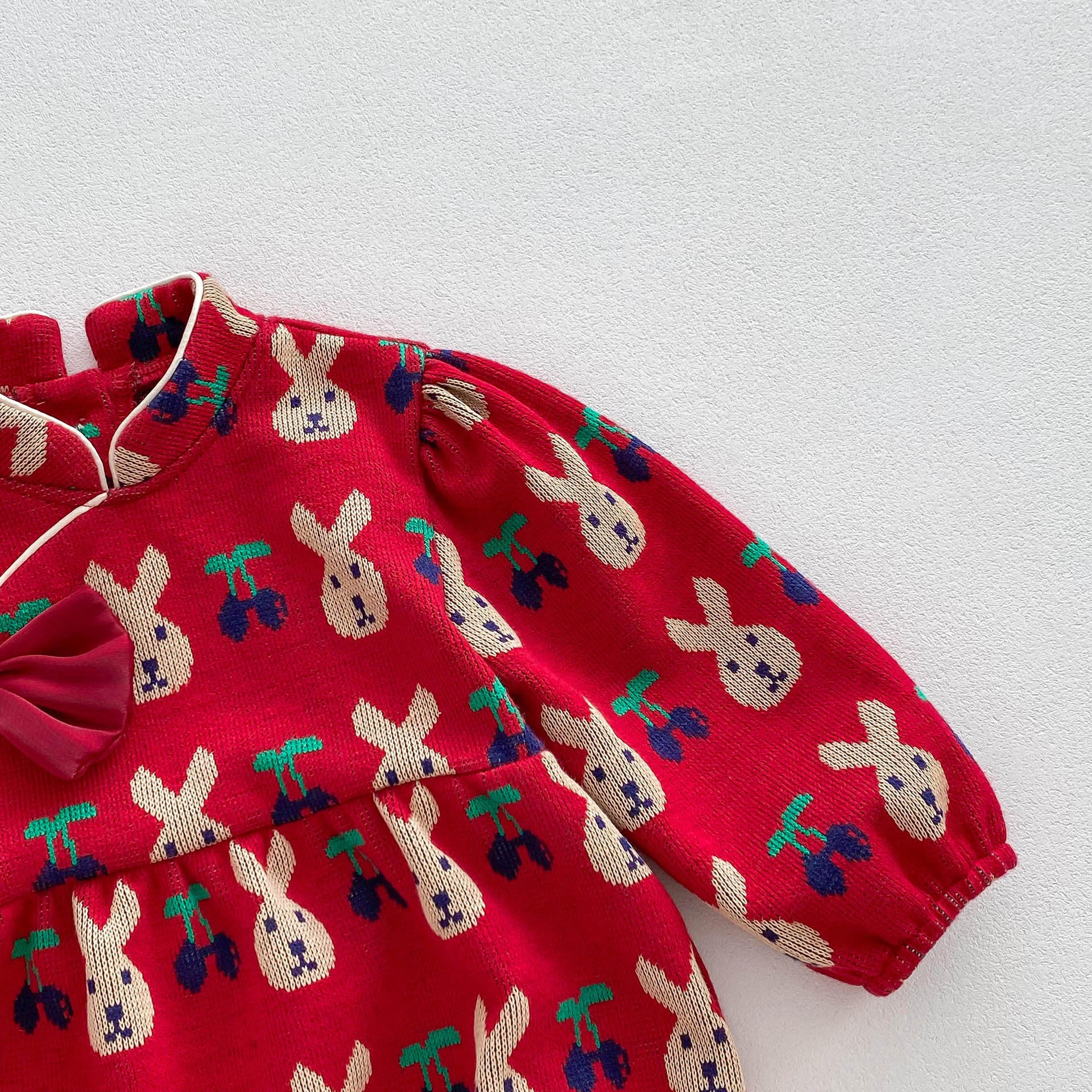 Infant baby girls long sleeve one piece in red with rabbit and cherry pattern, made of soft cotton, perfect for spring and autumn.