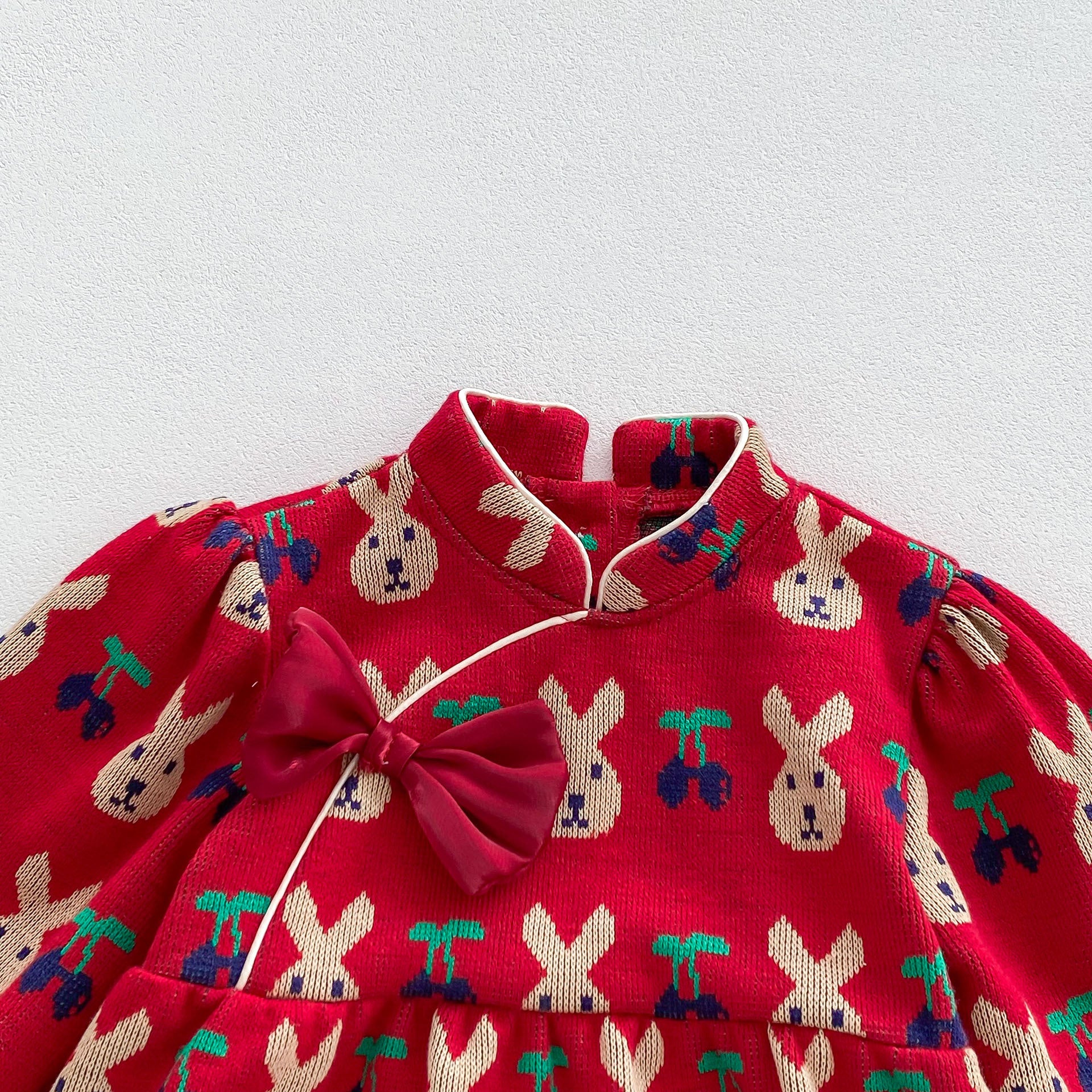 Infant baby girls long sleeve one piece in red with rabbit and cherry pattern, made of soft cotton, perfect for spring and autumn.