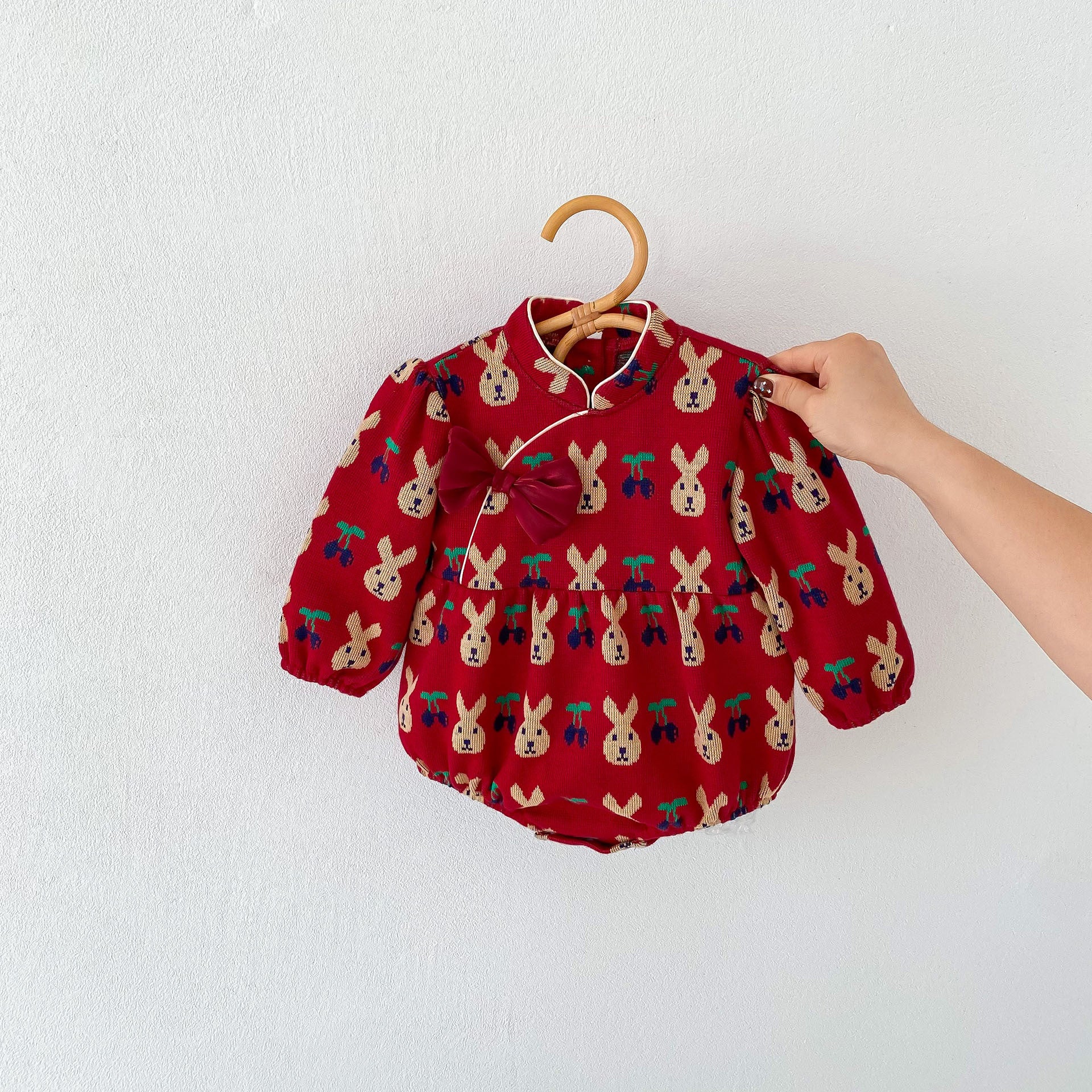 Infant baby girls long sleeve one piece in red with rabbit and cherry pattern, made of soft cotton, perfect for spring and autumn.