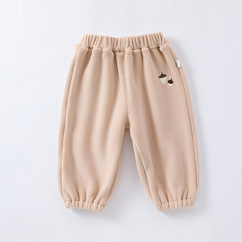 Infant winter pants in four colors: green, grey, apricot, and brown, made from soft Orlon fleece, suitable for boys and girls.