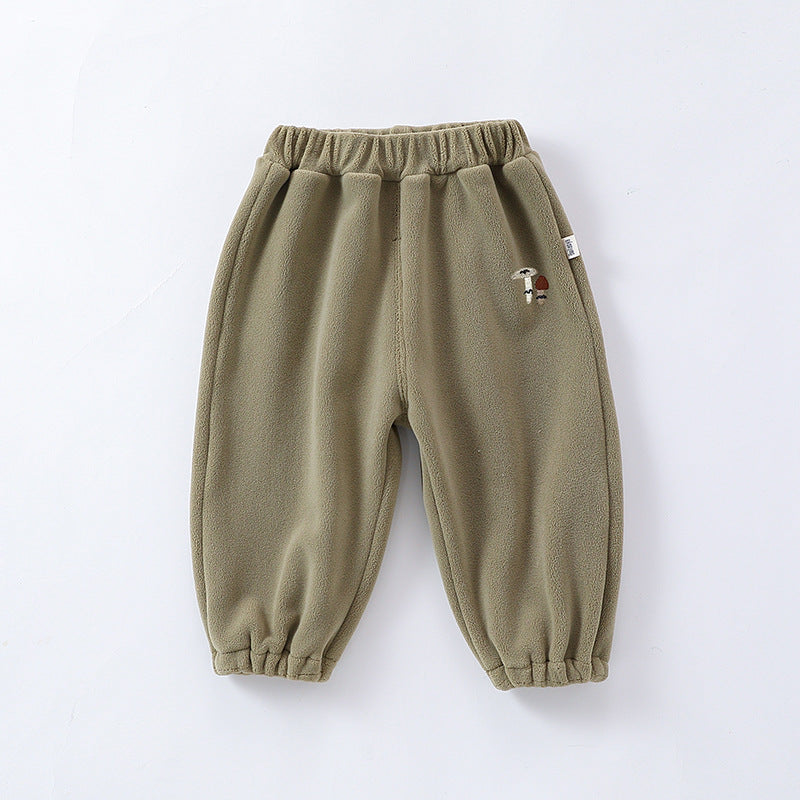 Infant winter pants in four colors: green, grey, apricot, and brown, made from soft Orlon fleece, suitable for boys and girls.