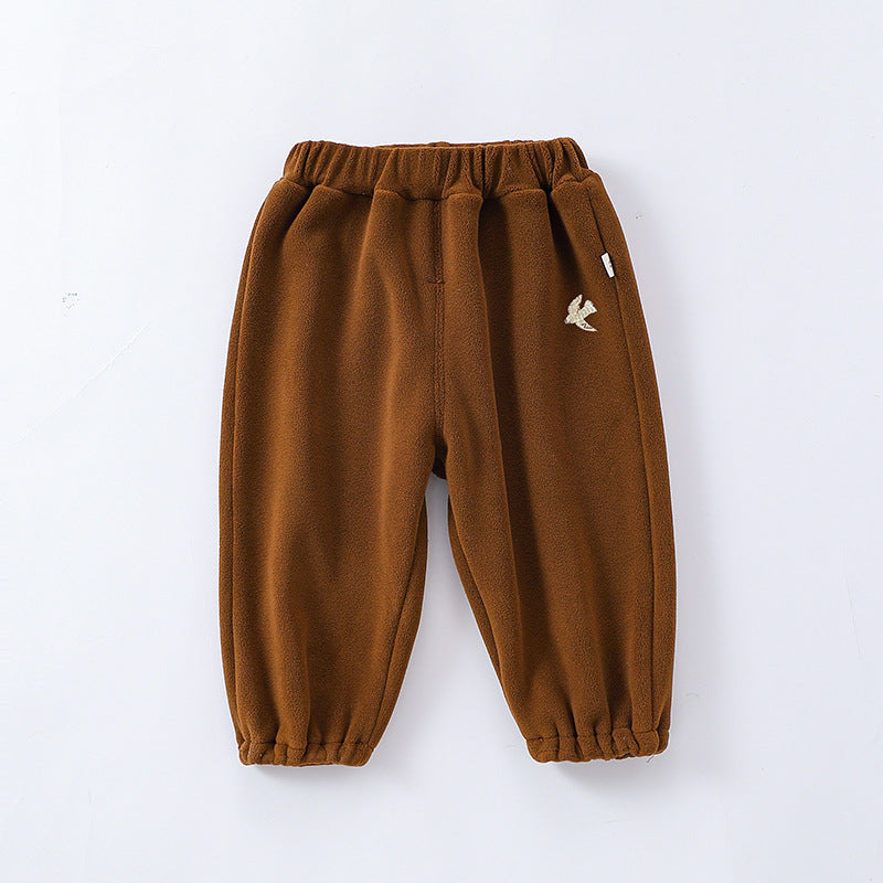 Infant winter pants in four colors: green, grey, apricot, and brown, made from soft Orlon fleece, suitable for boys and girls.