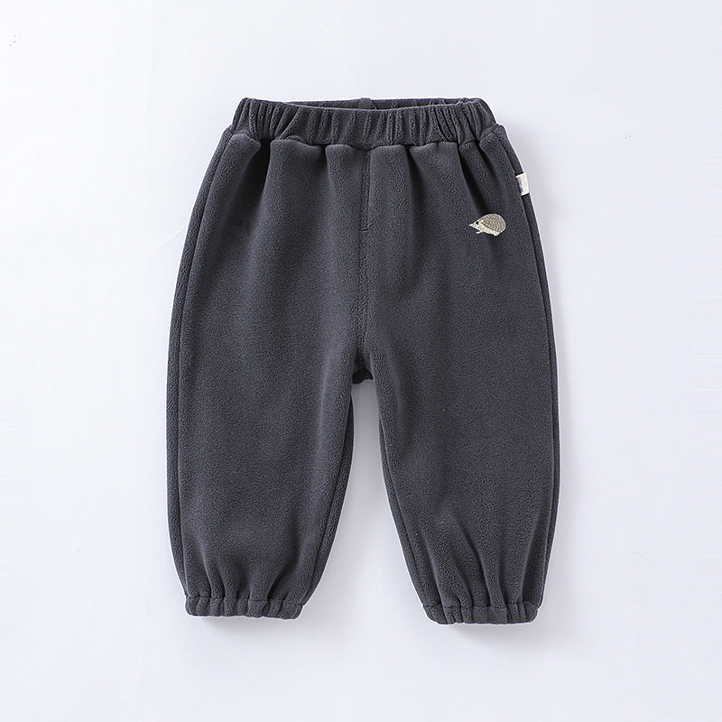 Infant winter pants in four colors: green, grey, apricot, and brown, made from soft Orlon fleece, suitable for boys and girls.