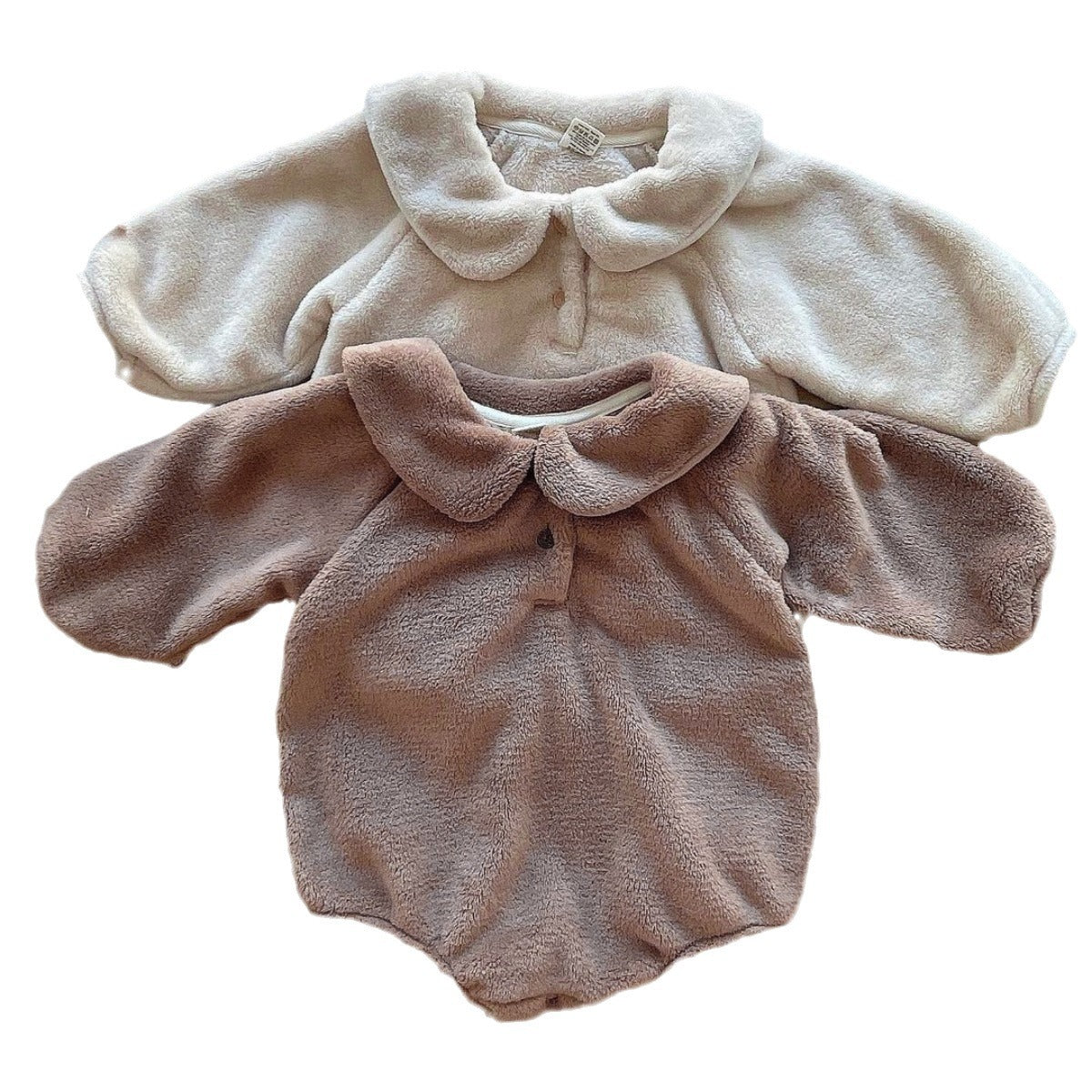 Infant Baby Unisex Solid Thick Warm Long Sleeve One Piece in purple and apricot colors, made of soft cotton material.