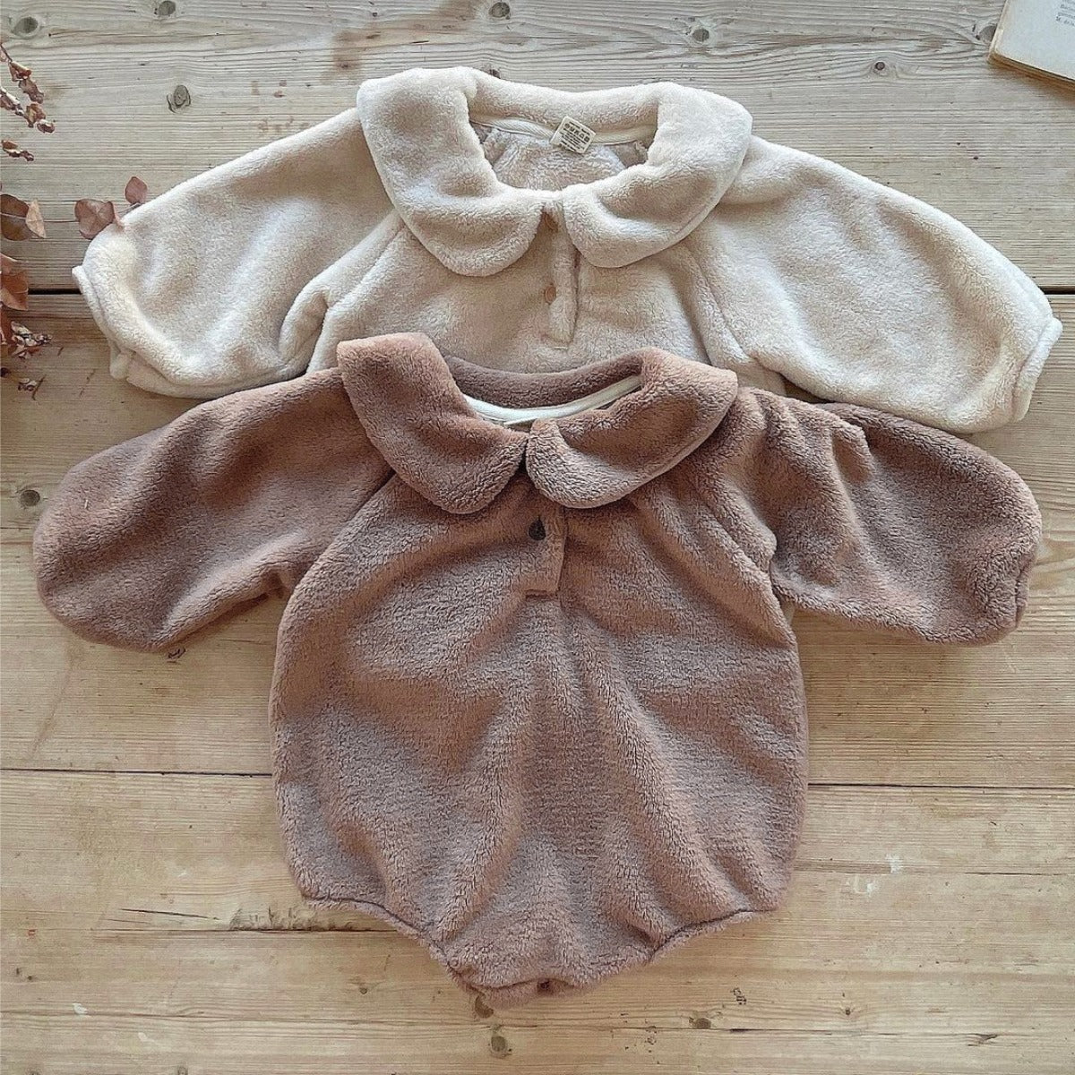 Infant Baby Unisex Solid Thick Warm Long Sleeve One Piece in purple and apricot colors, made of soft cotton material.