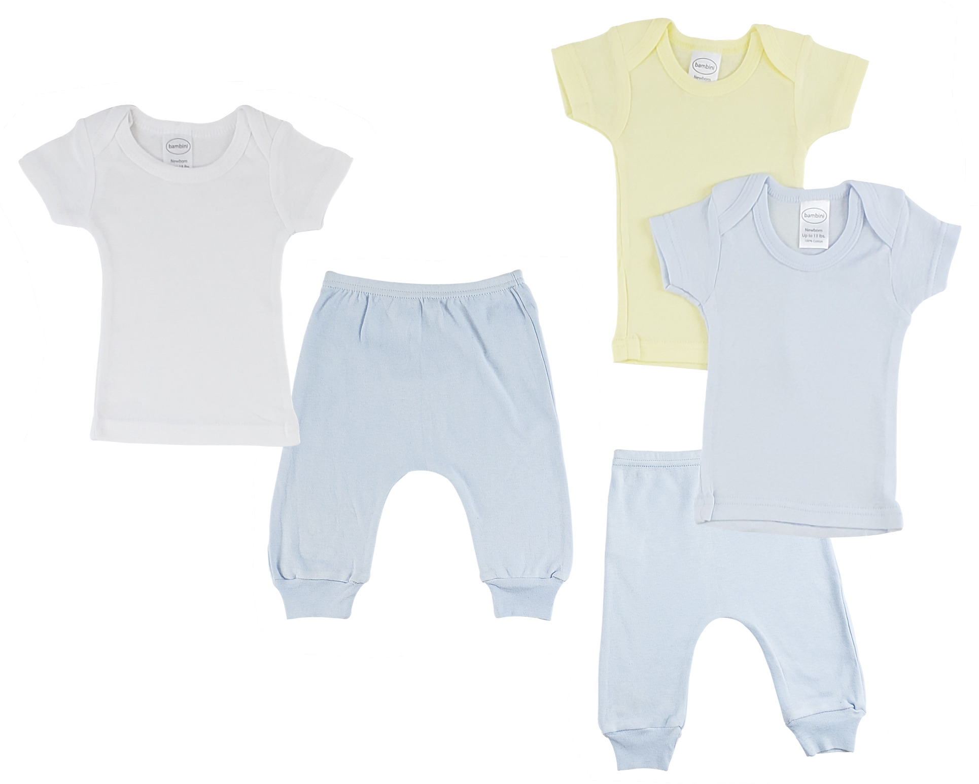 A pack of infant boys t-shirts and joggers in blue, showcasing soft cotton fabric and snap button design for easy dressing.