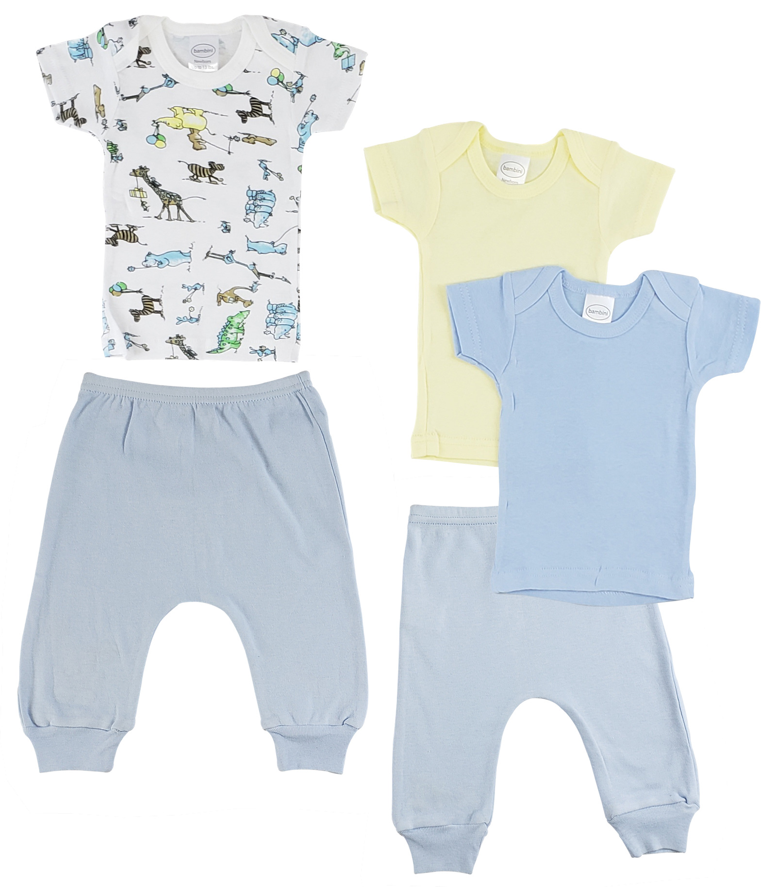 A colorful pack of infant boys t-shirts and joggers, featuring breathable cotton fabric and a variety of designs suitable for everyday wear.