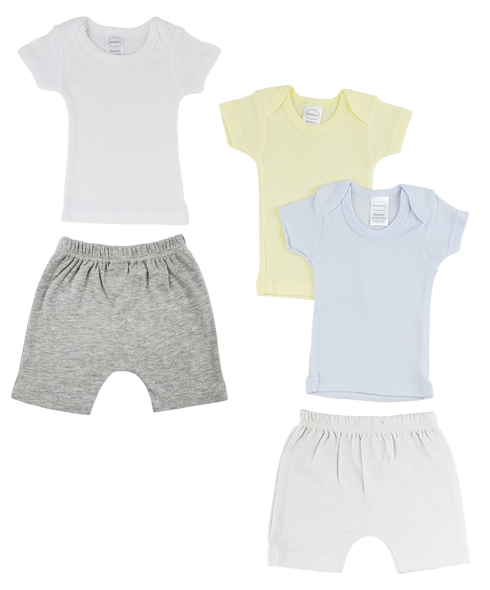 A collection of infant boys t-shirts and pants in various colors, showcasing the soft cotton fabric and snap button shoulder design.