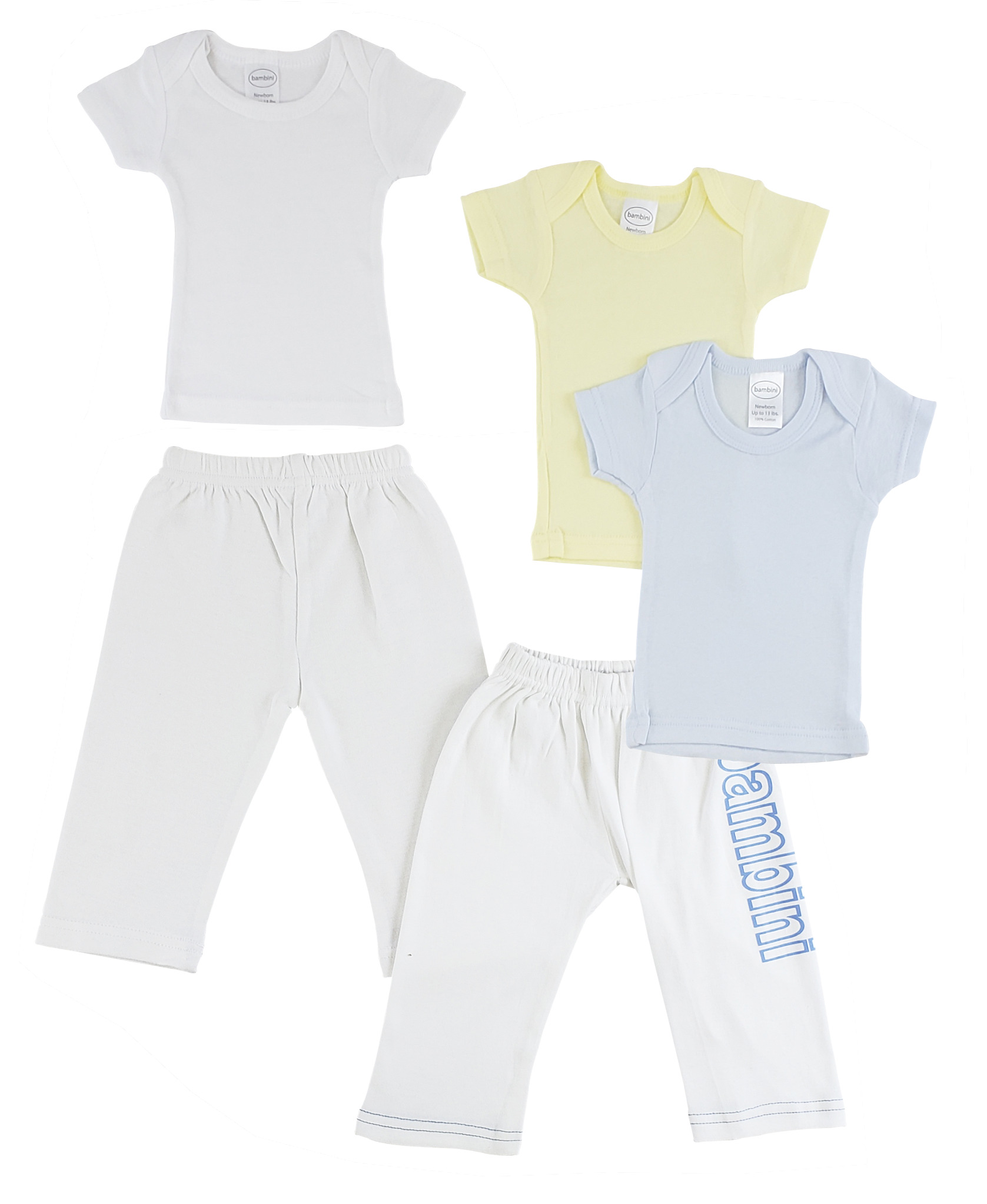 A pack of infant boys t-shirts and track sweatpants in various colors, made from 100% cotton, showcasing their soft fabric and snap button design.