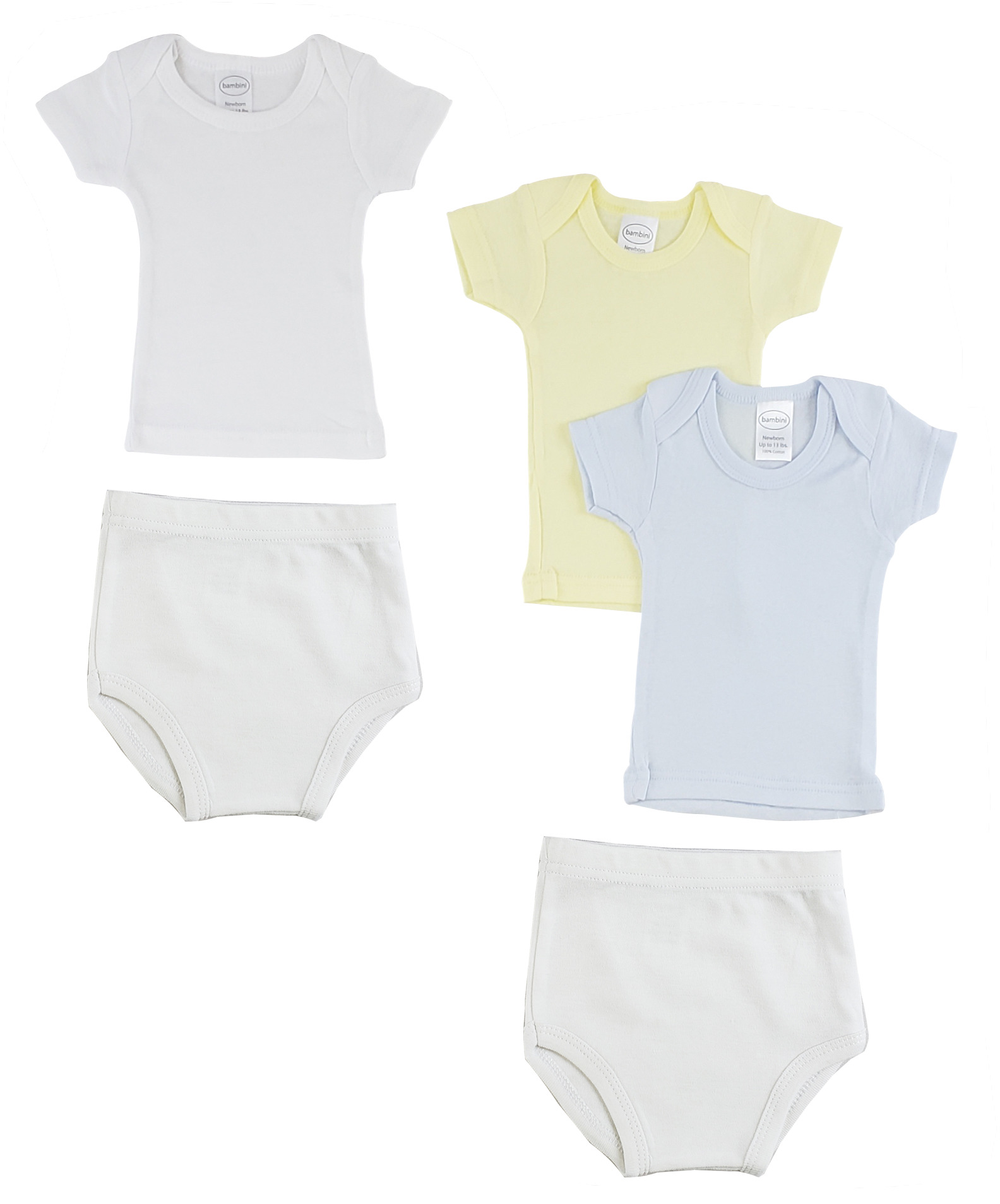 A pack of infant boys t-shirts and training pants in various sizes, showcasing breathable cotton fabric and snap button shoulder design.