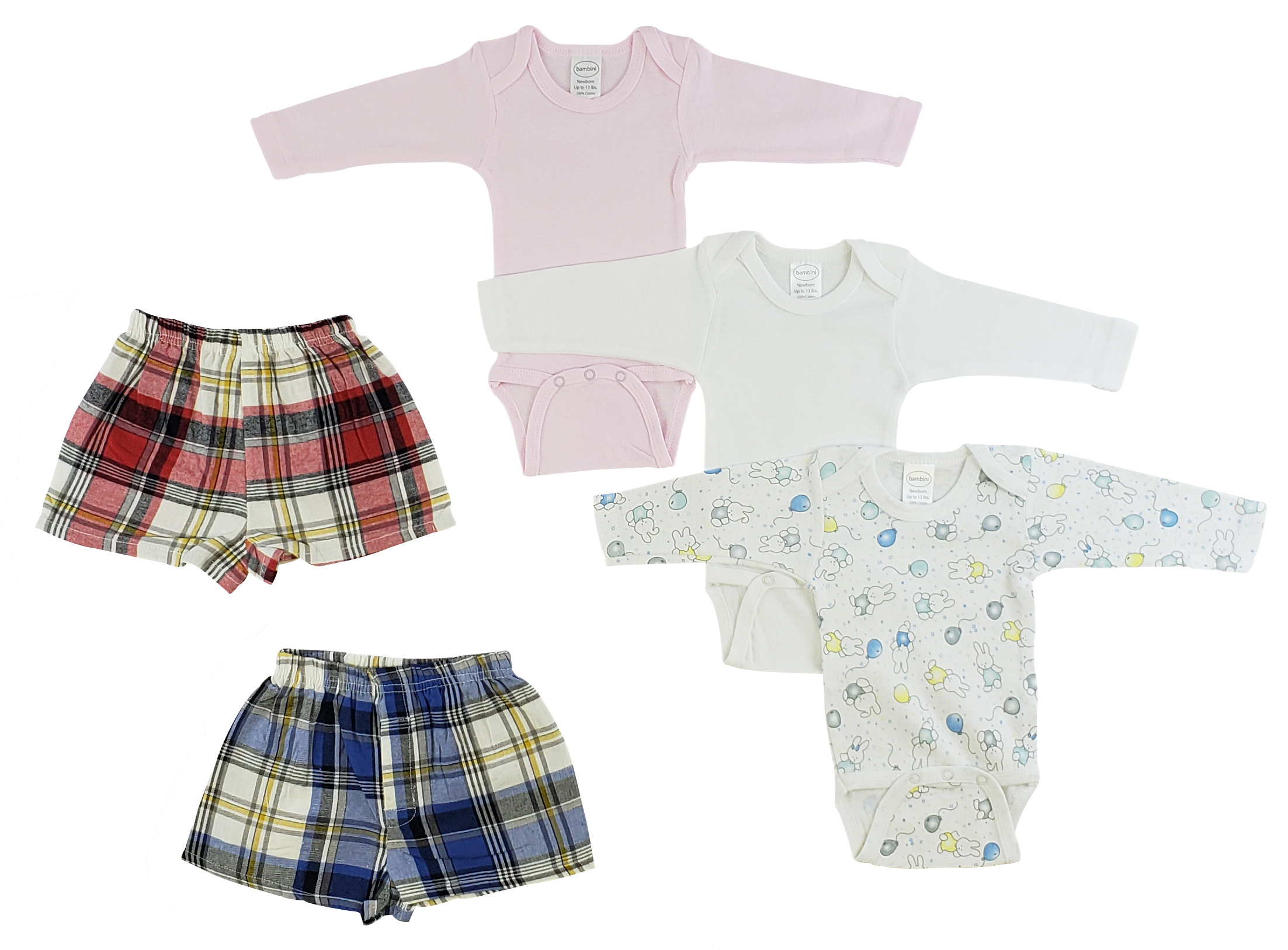 Infant girls long sleeve onezies in various prints with matching boxer shorts, made from 100% cotton for comfort.