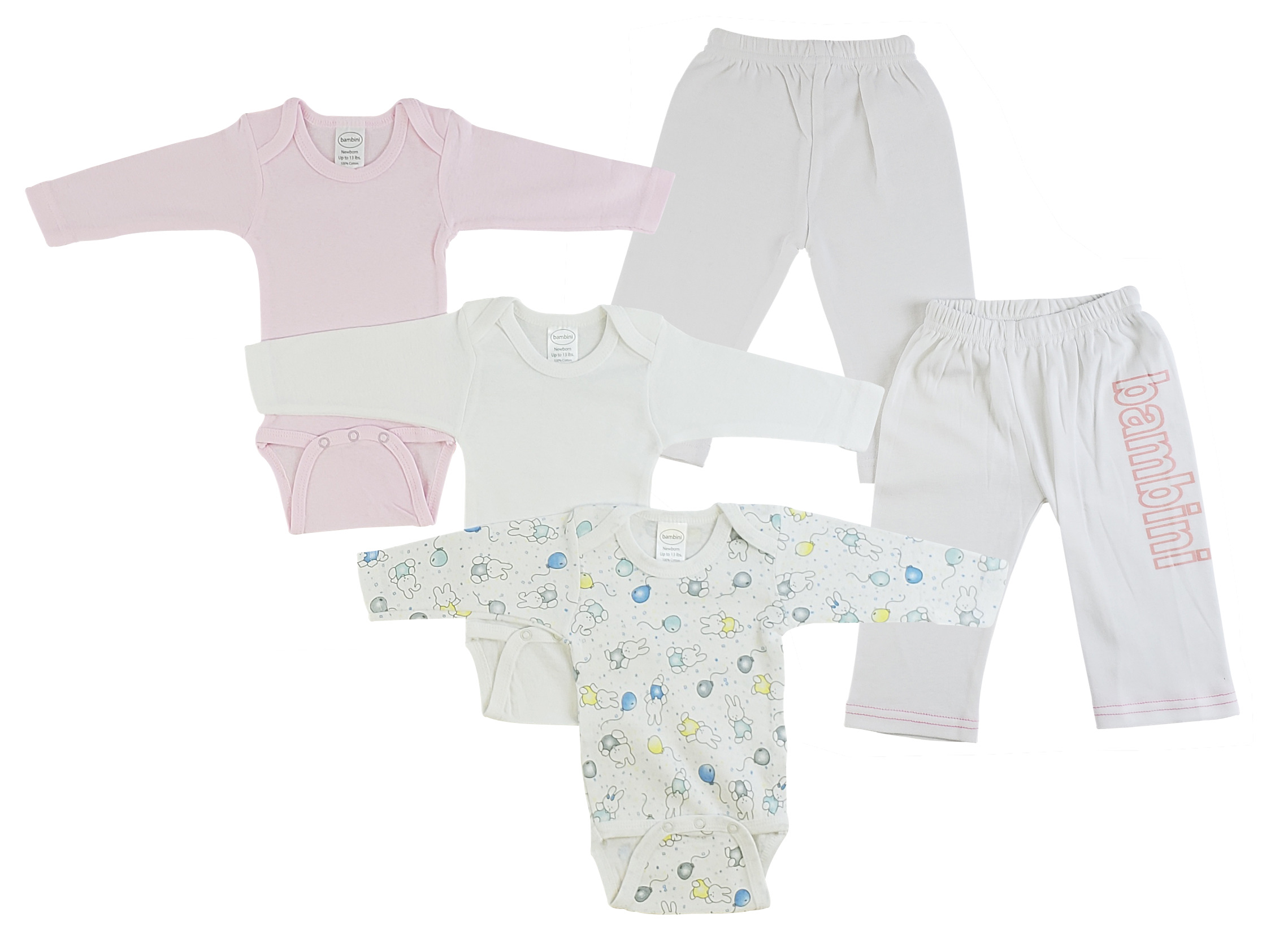 Infant girls long sleeve onezies and track sweatpants in various prints, showcasing soft cotton fabric and convenient design features.