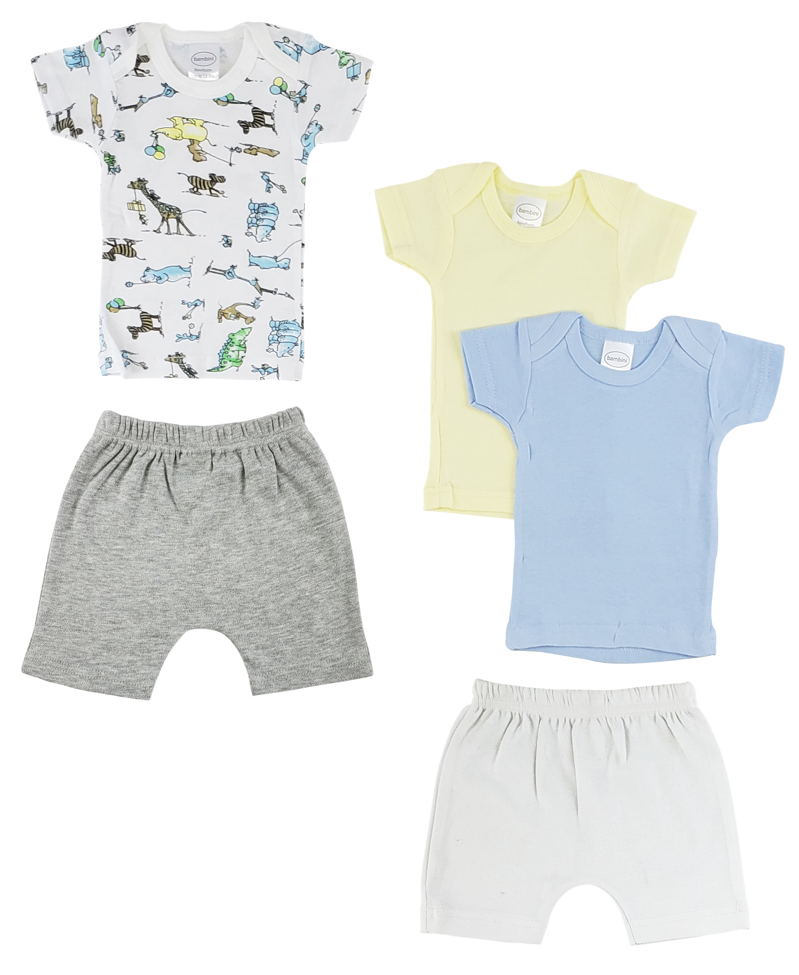 A collection of infant girls t-shirts and shorts in various colors, showcasing breathable cotton fabric and snap button design.