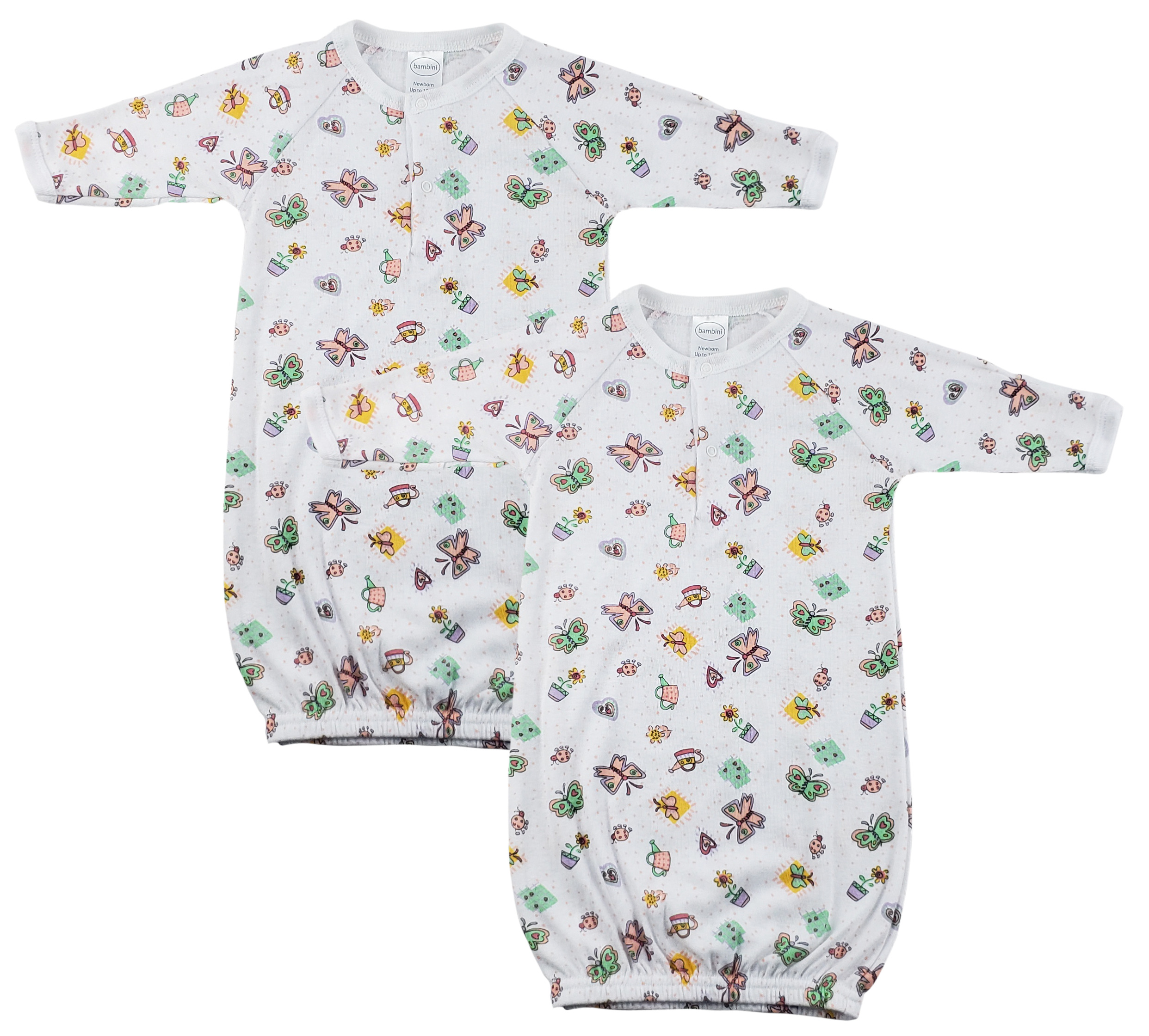 Two infant gowns in soft cotton fabric, one with a girls' print and the other with a unisex design, perfect for newborns.