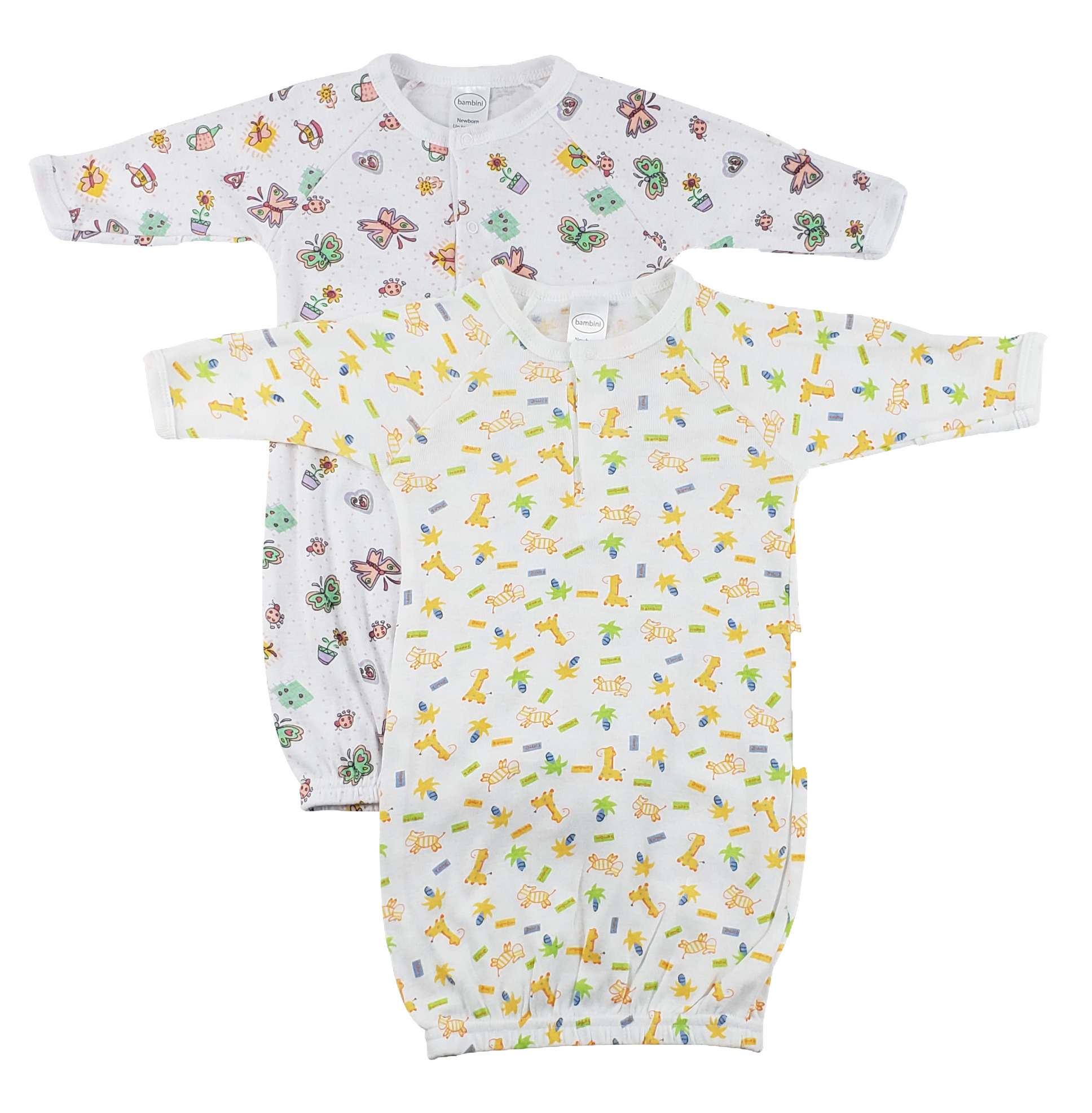 Two infant gowns in soft cotton fabric, one unisex print and one girls' print, perfect for newborns.