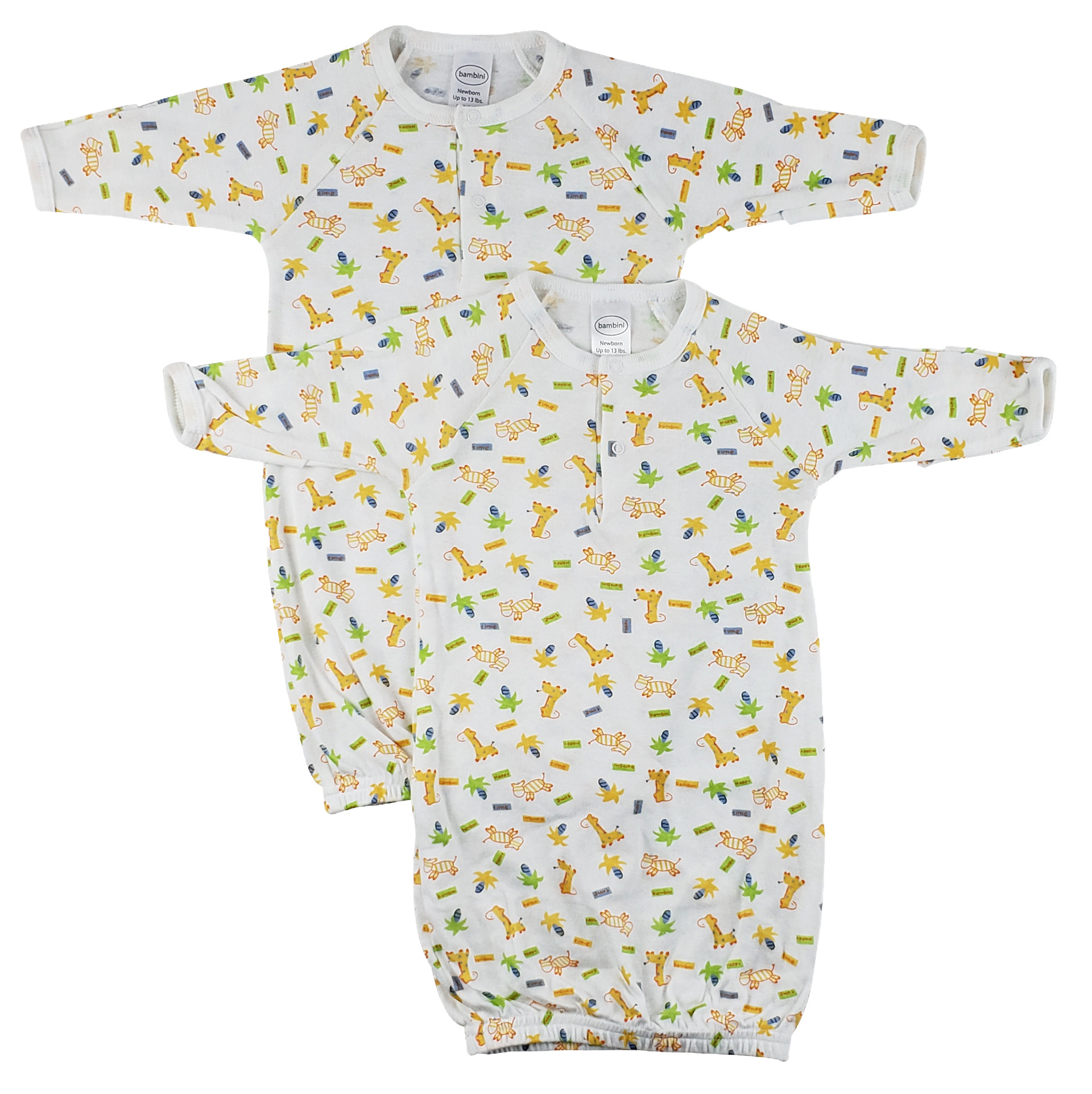 Two soft cotton infant gowns in unisex prints, perfect for newborns, displayed together.