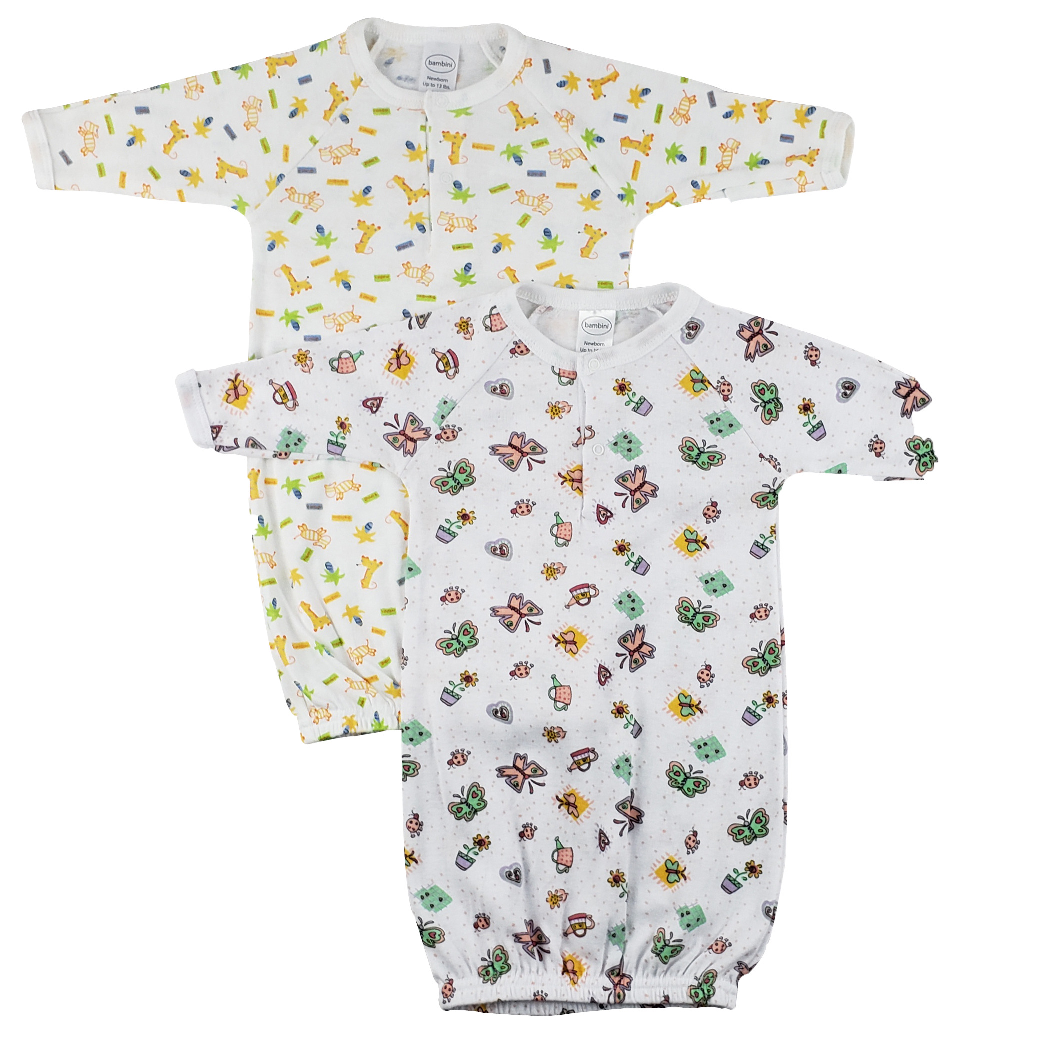 Two infant gowns in soft cotton fabric, one with a girls' print and the other with a unisex design, perfect for newborns.