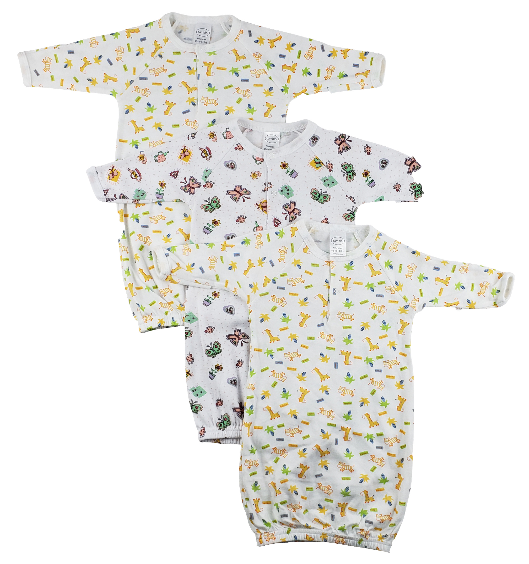 Three soft cotton infant gowns in various prints, perfect for newborns, showcasing comfort and style.