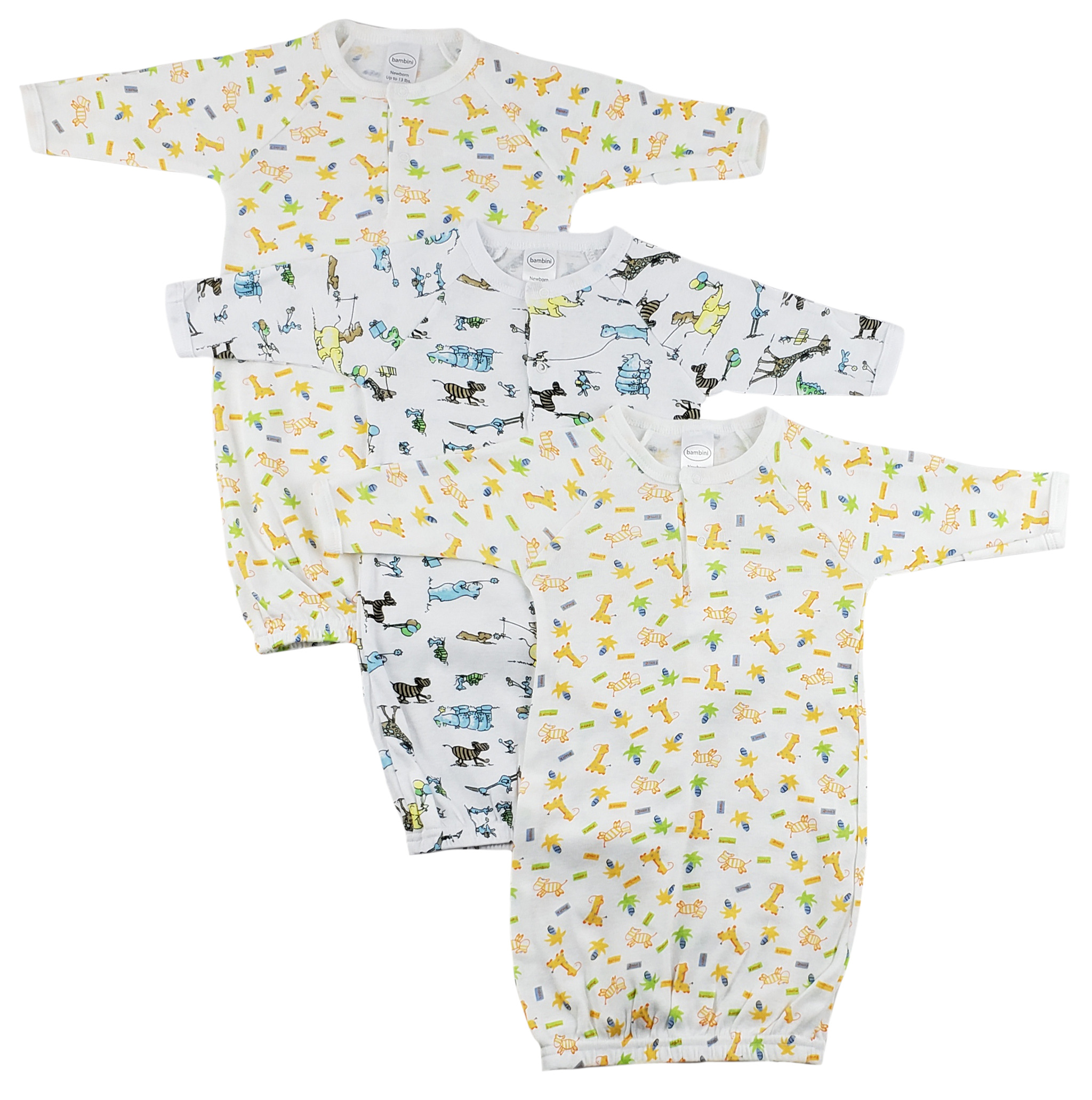 A pack of three soft cotton infant gowns in unisex prints, perfect for newborns, showcasing their cozy design and breathable fabric.