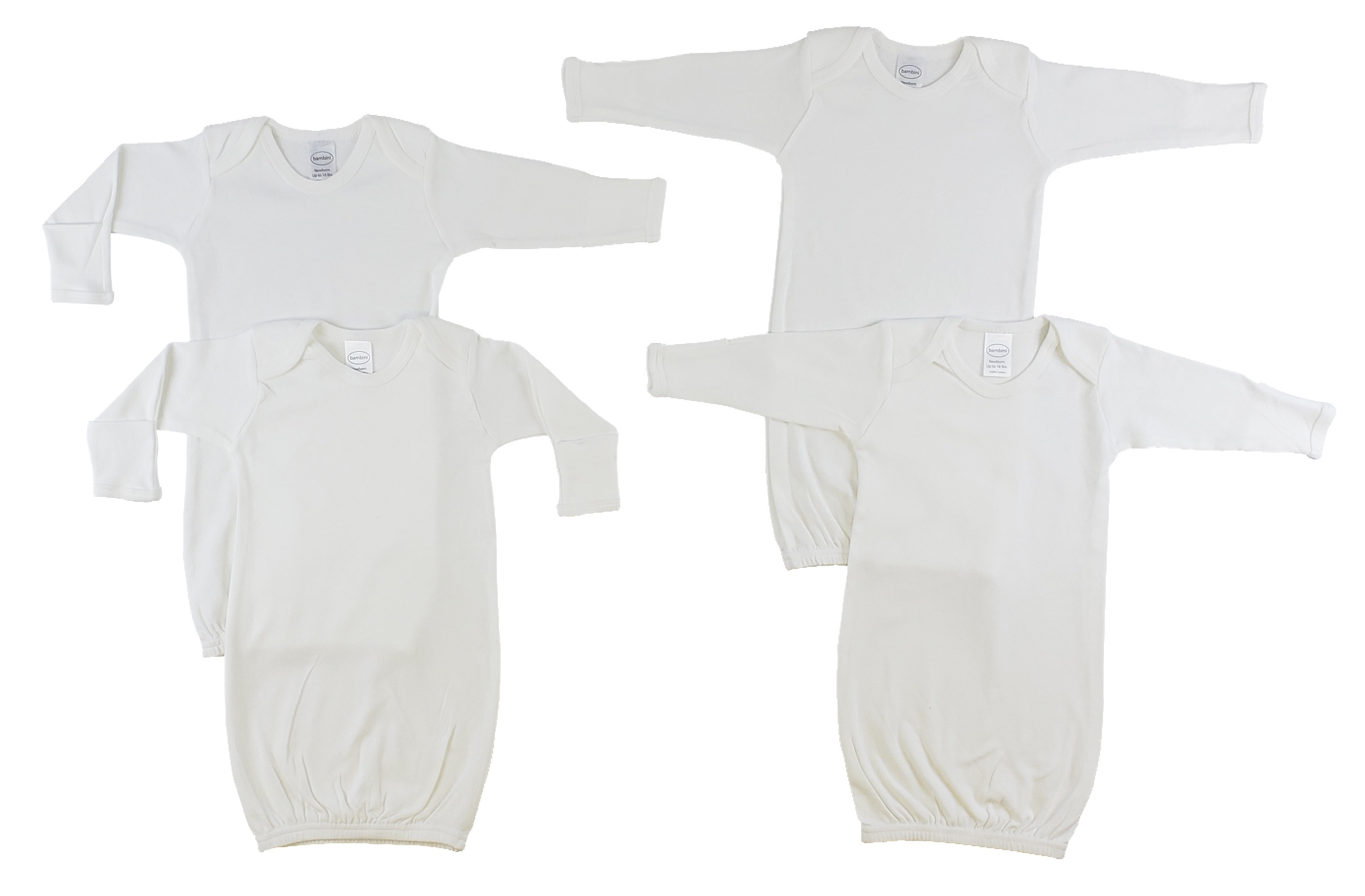 Four white infant gowns made of 100% cotton with long sleeves and mitten cuffs, designed for warmth and comfort.