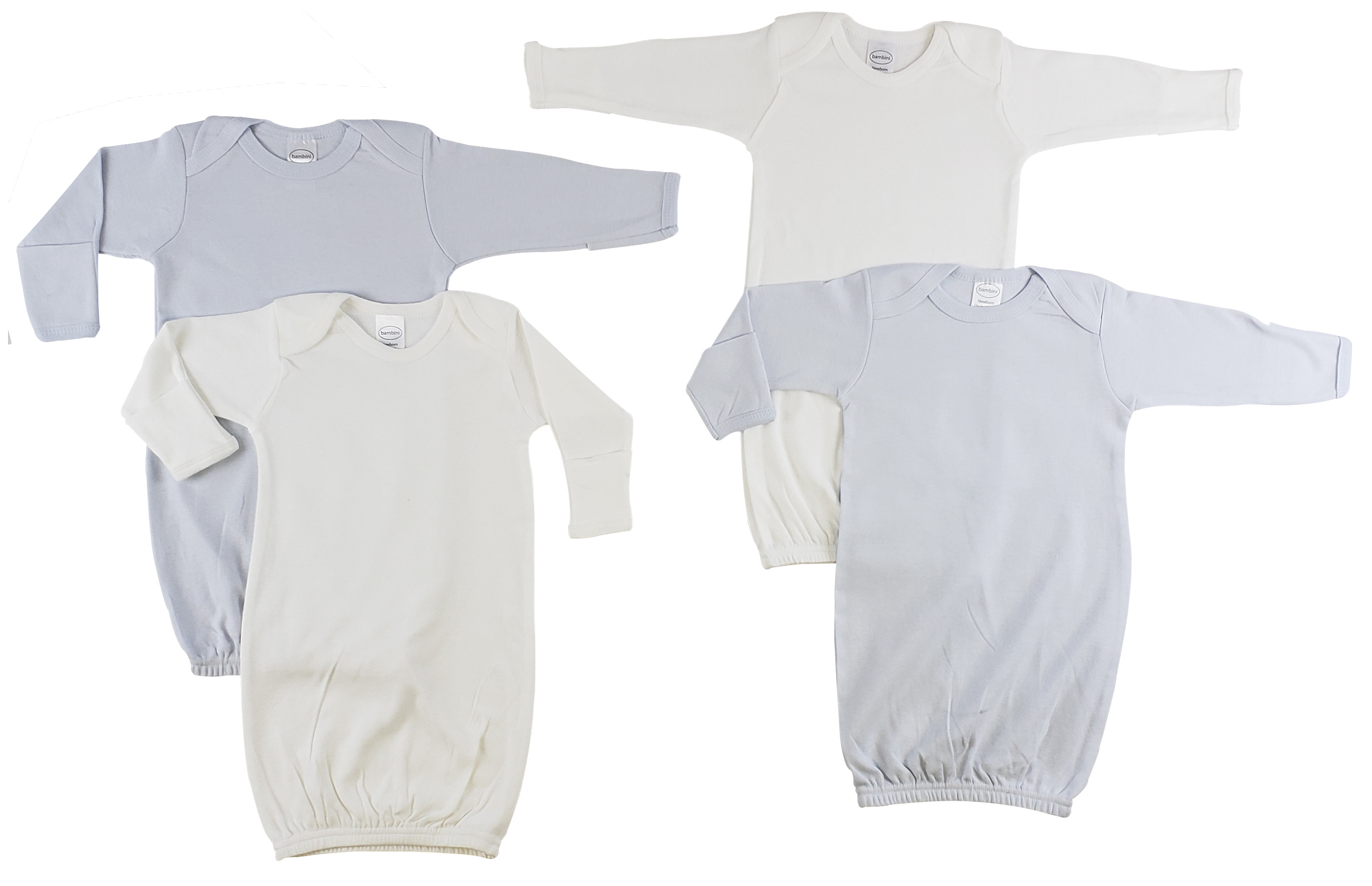 A pack of four infant gowns in white and blue, featuring long sleeves and mitten cuffs, made from 100% cotton interlock for comfort.