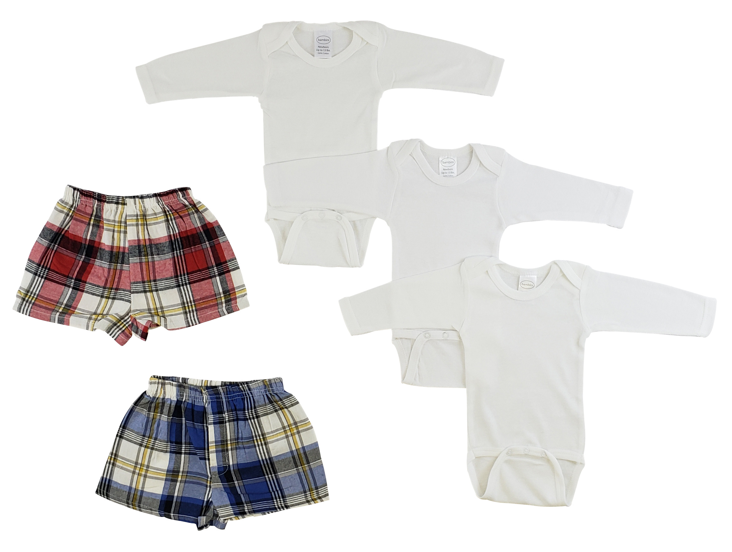 Infant long sleeve onezies and boxer shorts set made from 100% cotton, featuring expandable neckline and front snap closure.