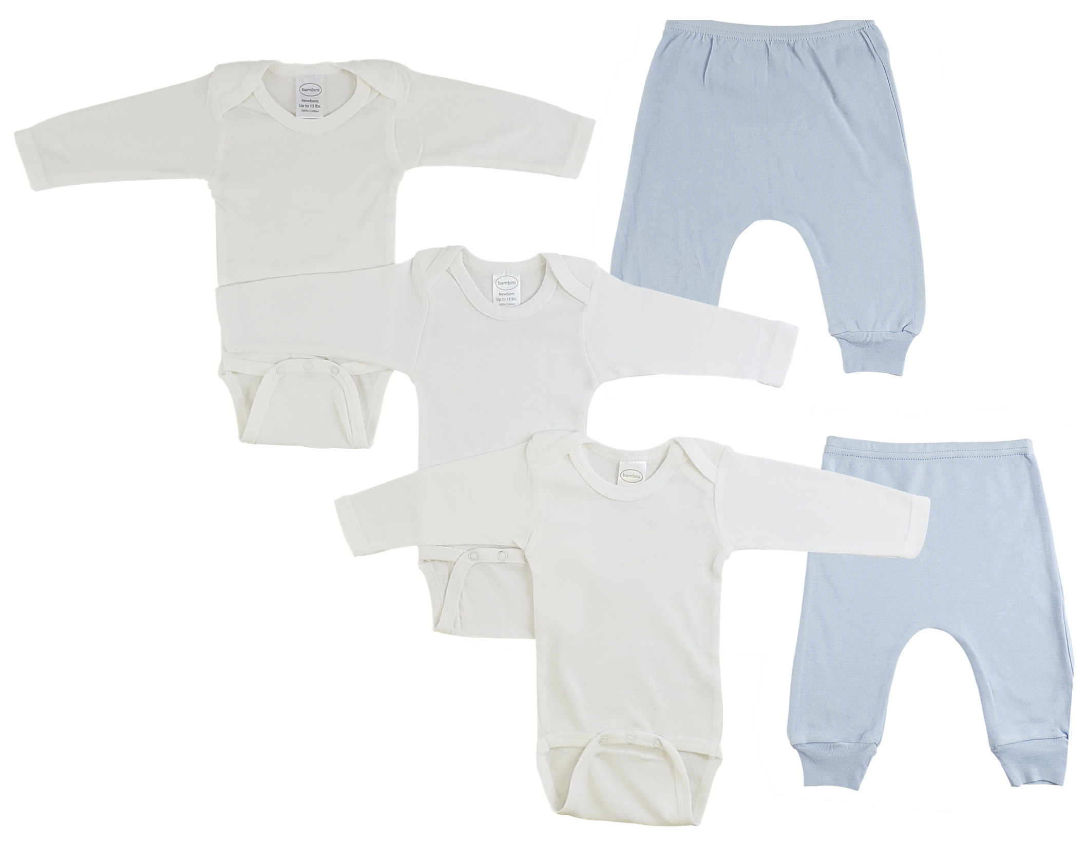 Infant long sleeve onezies and joggers set in blue and white, made from 100% cotton, showcasing comfort and style for babies.